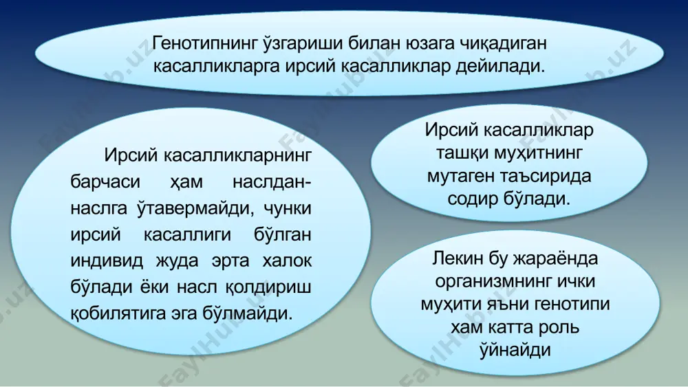 юқумли касалликларга бардош бера олмасдан ёшлигидаёқ ўлиб кетадилар. ҳозиргача бу касалликнинг ҳосил бўлиш сабаблари тўлиқ ўрганилган эмас. онанинг ёши янги туғилган болалар орасида даун касаллигининг учраши 15-19 3 : 10000 20-24 4 : 10000 25-29 4 : 10000 30-34 11 : 10000 35-39 33 : 10000 40-44 124 : 10000 45 ва ундан ошиқ 312 : 10000 даун касаллиги хромосома структурасининг ўзгариши билан, яъни хромосомалараро транслокация натижасида ҳам содир бўлиши мумкин. бунда аёлларда 21-жуфт хромосоманинг асосий кисми 13-15-хромосомаларга, эркакларда эса 20-хромосомага келиб бирлашади. гаметалар билан уруғланганда қуйидаги зиготалар ҳосил бўлади. транслокацияси бор гаметани фарқлаш учун гаметанинг тепасига т ҳарфи ёзилган. 23 + 23 = 46 норма 23 + 23т = 46т даун 22 + 23 = 45 ўлади 22т + 23 = 45т даун агар ота-онадан бирида даун касаллиги транслокация ҳисобига юзага келган бўлса, шу оилада соғлом боланинг туғилиш эхтимоли жуда кам бўлиб, 33 % ни ташкил килади. робертсон транслокацияси …