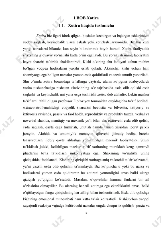 h bir-biridan farq qilinadi. bu jarayonlar faoliyatda tarkib topadi va belgilanadi. ma’lum materialni esda olib qolish hayot faoliyati davomida individual, ya’ni shaxsiy tajribani turlash bilan bog’liqdir. to’plangan tajribadan keyingi faoliyatda foydalanish qayta esga tushirishni talab qiladi. ma’lum materialning faoliyatda qatnashmay qolishi yoddan chiqarishga olib keladi.esda olib qolish nerv tizimining miya egiluvchan, ya’ni o’zgaruvchanlik qo’zg’atuvchilar ta’sirida o’zida go’yo bir iz tarzda qoldirish, saqlash imkoniyati tufayli yuzaga keladi. har qanday insonning miyasi egiluvchanlik xususiyatiga ega bo’lib, uning darajasi har xil bo’ladi. shaxs xotirasining sifati miyaning faolligi va turli faoliyatga to’ђridan–to’ђri bog’liq ravishda rivojlanadi. atrofni o’rab olgan borliqni faol biluvchi kishi o’z miyasi faoliyatini to’xtovsiz kuchaytiradi. shu bilan birga uning egiluvchanlik darajasini oshiradi. miya egiluvchanligi vaqtincha pasayishiga xotira samarasining susayishiga ba’zi paytda odamning toliqishi sabab bo’ladi. dam oldgandan keyin yana tiklanadi. odatda miya egiluvchanligi yosh o’tishi bilan susayadi. masalan, keksa kishilar gaplaridan adashib ketadi, ilgari gapirganlari esdan chiqib o’sha gapni takrorlayveradilar. miya egiluvchanligining …