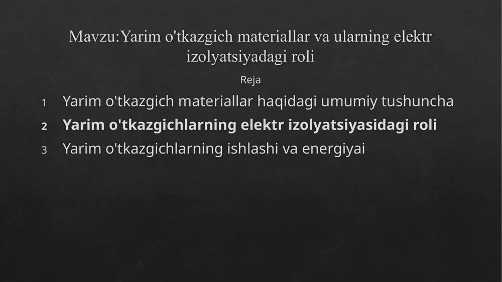 n yarim o'tkazgichlarga maxsus qo'shiladi, bu fayl o'tkazuvchanlik xossalarini ko'rsatadi. bunday materiallar yuqori aniqlikdagi jihozlar uchun ishlab chiqarish. gaas (galliy arsenid) : kremniyga nisbatan elektronlar quvvati va yuqori tezlikka ega, yuqori chastotalarda ishlovchi elektron qurilmalari uchun. sic (silisium karbidi) : yuqori haroratlarda va kuchli elektr maydonlarida ishlash uchun mo'ljallangan. yarim o'tkazgich materiallar va hujjat ko'rib chiqish yarim o'tkazgichlar sohalarda keng qo'l qoidalari: mikroelektronika : transistorlar, diodlar, mikroprotsessorlar va boshqa yarim o'tkazgichli komponentlar barcha zamonaviy elektron qurilmalarda jihozlar. quyosh energiyasi : fotovoltaik panellarda yarim o'tkazgich materiallari quyosh nurini elektr energiyasiga aylantiradi. optoelektronika : laserlar, ledlar va fotodiodlar o'tkazgichlarning yarmidan optik qismlaridan. telekommunikatsiya yarim o'tkazgichli materiallar yuqori chastotali signal uzatish va olish uchun, masalan, mobil telefonlarda va to'lqin uzatish tizimlarida. yarim o'tkazgich materiallarining elektr izolyatsiyasidagi roli juda muhim ,, ayniqsa ,tizimizolyatsiyalovchi ​ta'minlash .juda muhim, chunki ular izolyatsiyalash tizimlarini ta'minlashda, ayniqsa, zamonaviy elektron jihozlar va yuqori sifatli tizimlar uchun muhim o'rin tutadi. yarim …