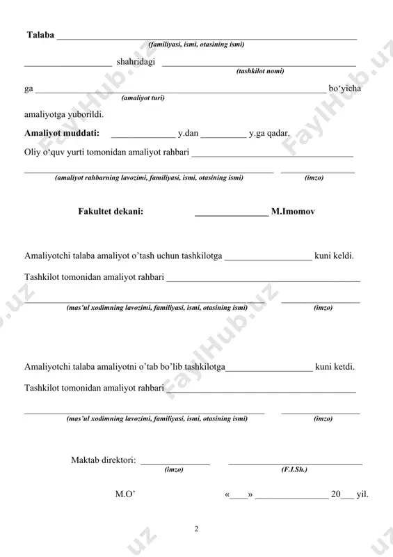 i qarorining “b” bandida keltirilgan ta`lim dasturlarining o`zaro uyg`unligi va uzluksizligini ta`minlash hamda pedagog kadrlarni sifatli tayyorlash maqsadida maktabgacha, umumiy o`rta maxsus va professional ta`limda foydalaniladigan darsliklar hamda metodik qo`llanmalar bilan tanishish pedagog kadrlarni tayyorlovchi oliy ta`lim muasasalari kunduzgi ta`lim shaklida tahsil olayotgan 2-4-bosqich talabalari uchun haftalik o`quv mashg`ulotlarini “4+2” tartibida, shu jumladan darslarning 4 kun oliy ta`lim muassasasida, 2 kuni amaliyot o`tash tartibida olib borilishi nazarda tutilgan. malakaviy pedagogik amaliyot - tanishtiruv shakllarda o‘tkazilib, talabalarni bo‘lajak mutaxassislikning o‘ziga xos xususiyatlari bilan tanishtirish, umumkasbiy va maxsus fanlar bo‘yicha dastlabki kasb ko‘nikmalari va malakalarini shakllantirishdan iborat. malakaviy pedagogik amaliyoti ta’lim yo‘nalishi (mutaxassislik) xususiyatidan kelib chiqib tashkil etiladi. 1.1. malakaviy pedagogik amaliyotining vazifalari: 2. talabalarning institutda olgan nazariy bilimlarini chuqurlashtirish, mustahkamlash va bu bilimlarni amaliyotda tatbiq etishni o‘rgatish. 3. talabalarni korxona va tashkilotlarda olib boriladigan vazifalarni tahlil qilishni o‘rganish. 4. korxona yoki tashkilotlarda bo‘limlar va xodimlar bo‘limida ijro intizomini tashkil etish, yuritish …