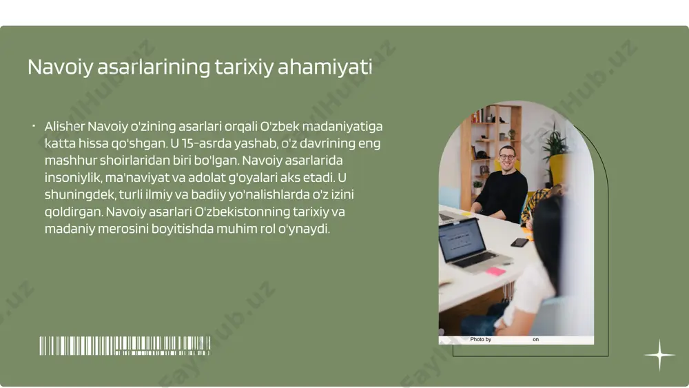 sh imkoniyatini beradi. tahdidlar zamonaviy adabiyot va madaniyatning yangi yo'nalishlari navoiy asarlariga nisbatan qiziqishni kamaytirishi mumkin. shuningdek, globalizatsiya jarayonlari mahalliy adabiyotning o'ziga xosligini yo'qotish xavfini tug'diradi. s w o t navoiy asarlarining ma'naviyatga ta'siri alisher navoiy asarlari o'zining ma'naviy rivojlanishimizda muhim o'rin tutadi. ularning mazmuni va g'oyalari xalqimizning ruhiyati, axloqiy qadriyatlari va madaniyatiga ta'sir ko'rsatadi. navoiy asarlarida ma'naviyat va insoniylik masalalari muhim o'rin egallaydi, bu esa o'z navbatida, zamonaviy avlod uchun ko'prik vazifasini o'taydi. navoiy asarlarining o'ziga xosligi shundaki, ular nafaqat o'z zamonasi, balki kelajak avlodlarga ham ma'naviy yo'l-yo'riq ko'rsatadi. bu asarlar orqali, biz milliy ruhiyatimizni va tarixiy merosimizni yanada chuqurroq anglash imkoniyatiga ega bo'lamiz. photo by jason goodman on unsplash navoiy asarlarida ma'naviyat tushunchasi ma'naviyat tushunchasi va navoiy navoiy asarlarida ma'naviyat tushunchasi insoniy qadriyatlar, axloqiy tamoyillar va jamiyatdagi adolatni ta'minlash bilan chambarchas bog'liqdir. uning she'riyatida va nasrida ma'naviyat insonning ichki dunyosi, o'z-o'zini tarbiyalash va jamiyatga xizmat qilish masalalariga katta …