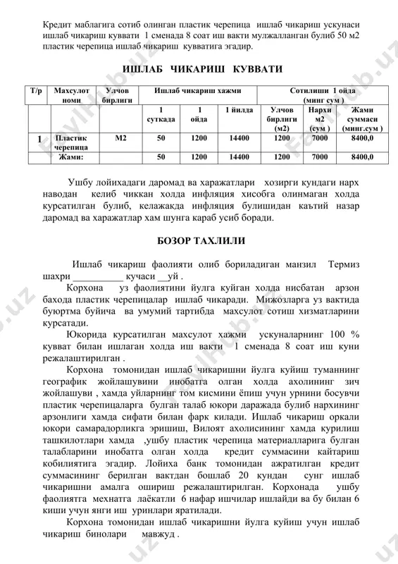 нг йиллик соф фойдаси 10253,9 минг сумни ташкил килади. корхона томонидан олинган кредит ва фоизларини уз вактида кайтариш кобилиятига эгадир xi. кредит ва фоизларини кайтариш режаси жадвал – 9 (минг .сум ) № ойлар 2010 йил 2011 йил кредит микдори тулов кредит микдори тулов крелит фоиз кредит фоиз 1 январ 50000,0 0 583,3 0 0 583,3 2 феврал 0 0 583,3 0 0 583,3 3 март 0 0 583,3 0 0 583,3 4 апрел 0 0 583,3 0 0 583,3 5 май 0 0 583,3 0 0 583,3 6 июн 0 0 583,3 0 0 583,3 7 июл 0 0 583,3 0 0 583,3 8 август 0 0 583,3 0 0 583,3 9 сентябр 0 0 583,3 0 0 583,3 10 октябр 0 0 583,3 0 0 583,3 11 ноябр 0 0 583,3 0 0 583,3 12 декабр 0 0 583,3 0 0 583,3 жами: 0 6999,6 0 0 6999,6 …