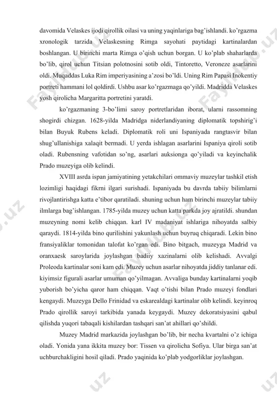 karl iv madaniyat ishlariga nihoyatda salbiy qaraydi. 1814-yilda bino qurilishini yakunlash uchun buyruq chiqaradi. lekin bino fransiyaliklar tomonidan talofat ko’rgan edi. bino bitgach, muzeyga madrid va oranxaesk saroylarida joylashgan badiiy xazinalarni olib kelishadi. avvalgi proleoda kartinalar soni kam edi. muzey uchun asarlar nihoyatda jiddiy tanlanar edi. kiyimsiz figurali asarlar umuman qo’yilmagan. avvaliga bunday kartinalarni yoqib yuborish bo’yicha qaror ham chiqqan. vaqt o’tishi bilan prado muzeyi fondlari kengaydi. muzeyga dello frinidad va eskarealdagi kartinalar olib kelindi. keyinroq prado qirollik saroyi tarkibida yanada keygaydi. muzey dekoratsiyasini qabul qilishda yuqori tabaqali kishilardan tashqari san’at ahillari qo’shildi. muzey madrid markazida joylashgan bo’lib, bir necha kvartalni o’z ichiga oladi. yonida yana ikkita muzey bor: tissen va qirolicha sofiya. ular birga san’at uchburchakligini hosil qiladi. prado yaqinida ko’plab yodgorliklar joylashgan. prado muzeyining nomi “ulug’” so’zidan kelib chiqqan va u ispancha prado ma’nosini beradi. muzey binosi karl iii buyurtmasi bilan qurilgan, 1819-yilda ochilgan. ammo 1830-yilgacha ham to’liq …