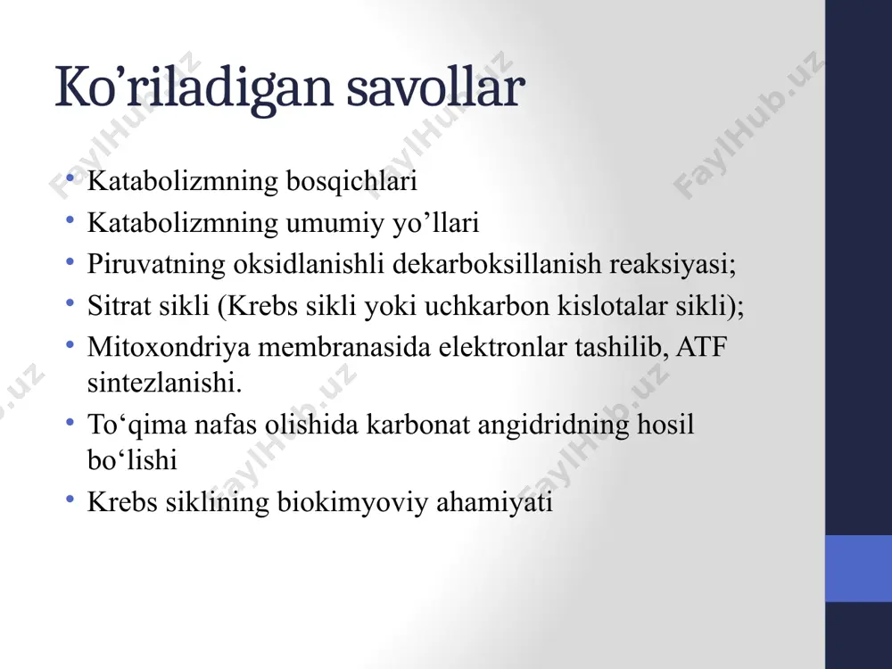 anasida elektronlar tashilib, atf sintezlanishi. pirouzum kislotasining oksidlanish yo‘li bilan dekarboksillanishi piruvatdegidrogenaza (pdg) kompleksining tuzilishi. pirouzum kislotasi sitoplazmadan mitoxondriyaga konsentratsiya gradiyenti har xilligi tufayli osongina o‘tadi. pirouzum kislota atsetil-koaga aylanishini piruvatdegidrogenaza ferment kompleksini tezlashtiradi. u poliferment bo‘lib, uchta har xil ferment va beshta kofermentdan tashkil topgan. bu ferment kompleksi pirouzum kislotani dekarboksillanish yo‘li bilan oksidlanish reaksiyasini tezlashtiradi. birinchi ferment dekarboksillovchi piruvatdegidrogenaza (e1 -tpf) (yoki piruvatlipoatoksidoreduktaza) tetramer bo‘lib, ikkita tpf tutuvchi massasi – 36 000 daltonga teng b-zanjirdan va c2 - birliklarini lipoat kislota qoldig‘iga tashuvchi ikkita a-zanjirdan iborat. ikkinchi ferment digidrolipoiltransatsetilaza yoki lipoatatsetiltransferaza (e2 ), massasi 52 000 ga teng bo‘lgan bitta zanjirdan iborat bu ferment lipoat kislota qoldig‘i bilan bog‘langan.qaytarilgan digidrolipoiltransatsetilaza uchinchi ferment digidrolipoatdegidrogenazaning (e3 ) ichki disulfidi bilan bog‘lanib oksidlanadi limon kislota siklining funksional tezligi hujayraning atf ga bo‘lgan ehtiyojiga moslashgandir: 1. pirouzum kislotasining atsetil-koaga aylanishi atf, atsetil-koa va nadh ta’sirida sekinlashadi. 2. boshqarishning birinchi reaksiyasi oksaloatsetat bilan …