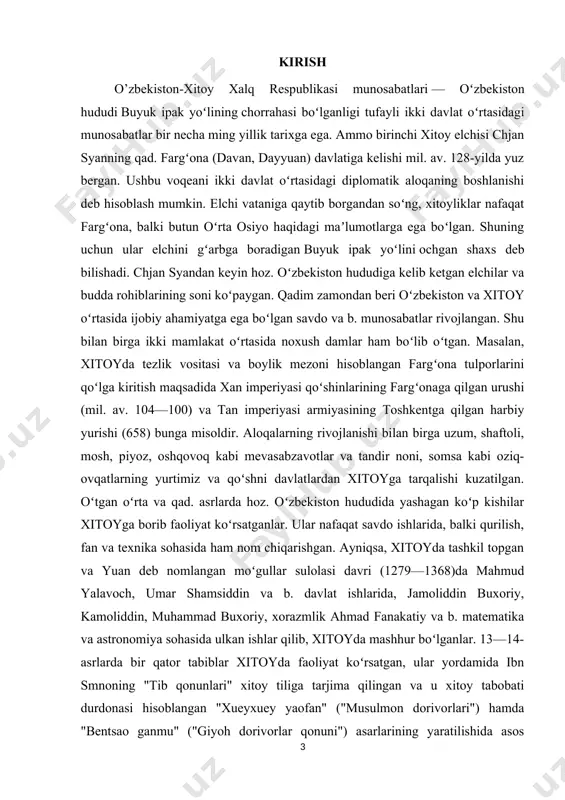 uygʻur, qozoq tillaridagi adabiyot va oʻquv kitoblari bilan taʼminlash, tibbiy yordam koʻrsatish, yer osti boyliklarni aniqlash, irrigatsiya tizimini yaxshilash boʻyicha katta yordam koʻrsatdi. adabiyotlarni nashr qilish uchun toshkentda maxsus tahririyat, kadrlar tayyorlash uchun oʻrta osiyo davlat universiteti (hoz. oʻzbekiston milliy universiteti)da maxsus kafedra tashkil etildi. 1978-yildan oʻzbekiston talabalari xitoyga til oʻrganish uchun yuborildi. toshkentda termos ishlab chiqaruvchi xitoy-oʻzbekiston qoʻshma korxonasi tashkil etildi (1987). shu yili uzbekistanga xxrning birinchi rasmiy delegatsiyasi tashrif buyurdi. 1990-yil noyabr da sintszyanuygʻur muxtor rni raisi temur davomat toshkentga keldi. 1991-yil iyunda ilk bor oʻzbekistonning rasmiy delegatsiyasi urumchiga bordi. ikki davlat oʻrtasida savdo va turistik aloqalar jonlandi. 1991-yil xxr oʻzbekiston mustaqilligini tan olib 1992-yil diplomatiya munosabatlari oʻrnatilgach, ikki mamlakat oʻrtasida teng huqukli aloqalar oʻrnatila boshladi. oʻtgan 13-yil davomida ikki davlat oʻrtasida 100 dan ortiq rasmiy hujjatlar imzolandi. 1992-yil 15 oktabrda toshkentda xxr elchixonasi, 1995-yil 6 mayda pekinda oʻzbekiston elchixonasi ochildi. shu davr davomida oʻzr prezidenti i. karimov …