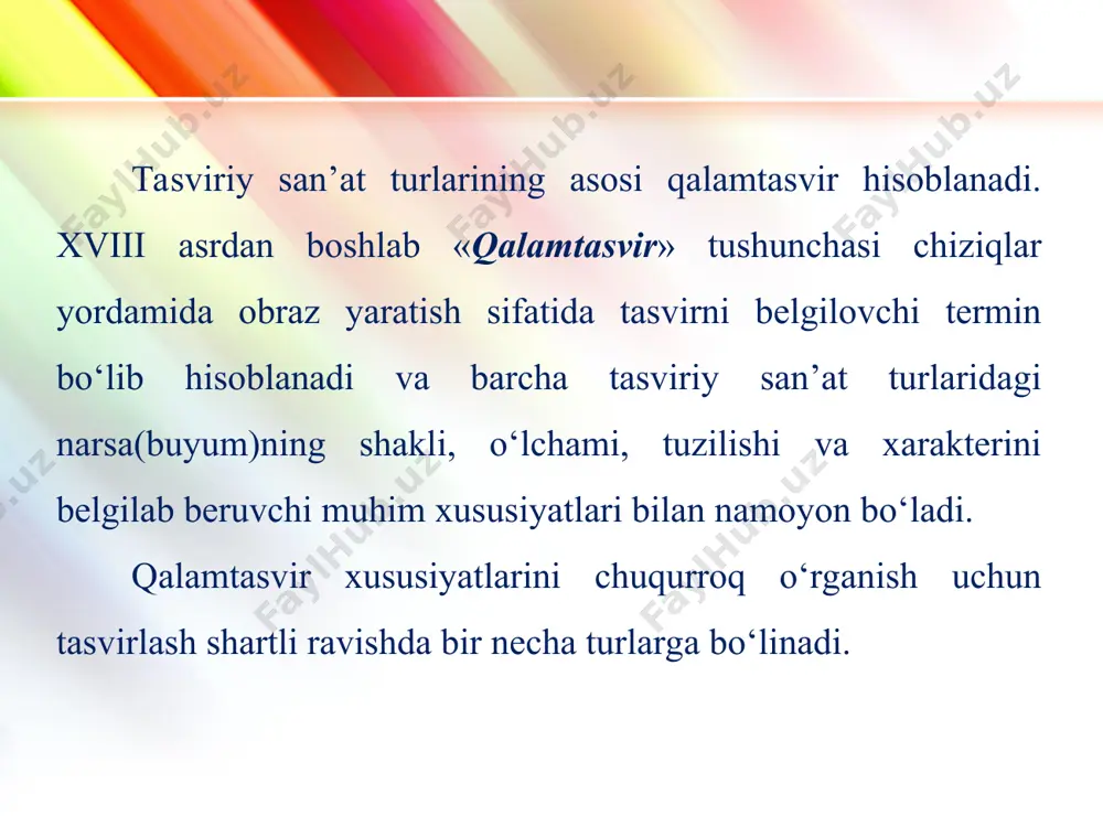 osi bo‘lib hisoblanadi. www.homeppt.com logo chiziqli tasvir. chiziq har bir buyumning shakl chegarasini belgilab, uning markaziy o‘qlari bilan yordamchi chiziqlarida ham bo‘ladi. chiziqlardagi nuqta harakatsiz, nuqtadan chiziqlarga tutashtirilganda esa, chiroyli egiluvchan ma’lum bir mazmunli shakl hosil bo‘ladi. www.homeppt.com logo chiziqlar ayrim joyda yo‘g‘on, ba’zida ingichka, hattoki ko‘rinar-ko‘rinmas ham bo‘ladi va yorqin plastik egiluvchan izlar hosil qiladi. rasm chizishda tasvirlashning asosiy ikkita turi mavjud. chiziqli tasvirlash. har bir davrda chiziqli tasvirlashning mohir ustalari bo‘lgan. www.homeppt.com logo masalan, leonardo da vinchi, rafael santi, renato guttuzo, pablo pikasso va boshqalar shular jumlasidandir. ular chiziqli tasvirlash orqali insonlarning ichki dunyosini, falsaﬁy ﬁkrini talqin qila olganlar. buyuk rassom pikassoning «pero» asari chiziqli tasvirlashga misol bo‘la oladi. rassom yuqori dina mik harakatni, plastik egiluvchanlik, odamlarning ichki ruhiy kayﬁ yatini mohirona ko‘rsata olgan. tusli tasvirlash. eng asosiysi chiziqli tasvirlash. chunki tusli tasvirlash (shtrixlash yordamida bajariladi) chiziqli tasvirdan keyin bajariladi. shtrix. shtrix bilan chiziq orasida farq bor. www.homeppt.com …