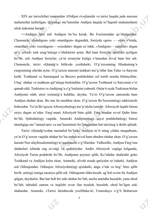 l qatnashdi.[footnoteref:2] [2: o’zbekistonning yangi tarixi. o’zbekiston sovet mustamlakachiligi davrida. 2-kitob. –t.: sharq, 2000.] sobiq sovet davrida va ii jaxon urushi davrlarida andijon viloyati axlosi uchun mashaqqatli va sinovli yillar bo’ldi. urushda oʼzbekistondan 1,5 million kishi janglarda bevosita ishtirok etgan, qanchadan-qancha yurtdoshlarimiz urushda halok boʼlgan, qanchasi bedarak ketgan, qanchasi mayib-majruh boʼlib qaytgan. urush boshlanishi arafasida aholisi 614,5 ming nafar boʼlgan аndijon viloyatining oʼzidan 97,5 ming kishi harbiy xizmatga chaqirildi, yaʼni aholining 15,61 foizi frontga safarbar qilindi. urushda halok boʼlib, oʼzga yurtlarda dafn etilgan vatandoshlarimiz 43,5 ming, urushdan qaytib kelganlar 54 ming, shundan nogiron boʼlib qaytganlar 40,9 ming kishi boʼlgan. biroq аndijon viloyatidan urushga ketganlardan 40 mingdan ortigʼi qaytmadi. ularning koʼplari janggohlarda halok boʼldi. urushda qatnashgan andijonliklardan 40 mingdan ziyod kishining ismi-familiyasi va ular haqidagi qisqa maʼlumotlar 3 jildlik «xotira kitobi»dan joy olgan. jang paytlarida bedarak yoʼqolgan, asir tushganlar, umuman nom-nishonlari aniqlanmagan urush qatnashchilarining katta qismi tariximiz sahifalaridan oʼrin olganicha yoʼq. …