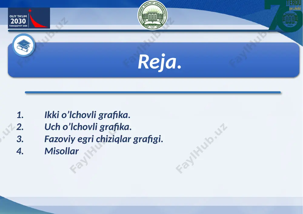 .b], parameters). ikki o‘lchovli grafiklar parametrlar № parametr ma’nosi 1 title=”text” tasvirga nom berish, nom lotincha bo‘lsa probelsiz 2 coоrds=polar qutb koordinatlariga o‘tish, yozilmasa dekart k.s. 3 axes=normal axes=boxed axes=frame axes=none -oddiy o‘qlar \\ koordinata o‘qlarini berish -shkalali o‘qlar -o‘qlarning boshi quyi chap burchakda -o‘qlar yo‘q 4 asaling=constrined asaling=unconstrined -o‘qlarga bir xil masshtab berish - o‘qlar masshtabi oyna o‘lchamiga mos 5 style=line style=point -chiziqlar bilan chiqarish -nuqtalar bilan chivarish 6 numpoints=n (n=49 berilmasa) -hisoblanadigan nuqtalar soni 7 color=rang nomi (yellow,...) -chiziqlarga rang berish 8 xticmarks=nx, yticmarks=ny ox va ou o‘qlarda nuqtalar sonini berish 9 thickness=n, n=1,2,… -chiziq qalinligini berish 10 linestyle=n (n=1-uzluksiz) -chiziq tipini berish, uzluksiz, punktir 11 symbol=s (box, cross, circle, point,diamond) - nuqtani beradigan simvol tipini berish 12 font=[f,style, size] matn shrifti tipini berish, f-shrift nomi: times, courier, helvitica, symbol; style- shrift stili: bold, italic, underline; size-shrift o‘lchami 13 labels=[tx,ty] ox ga tx, oy ga ty deb yozishga …