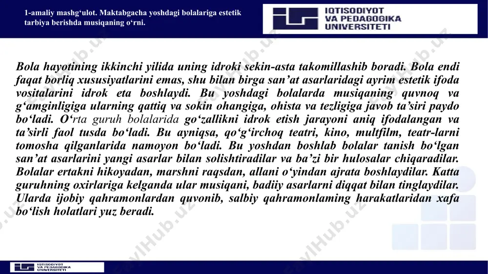 harakatlarni o‘z vaqtida bajarish; 1-amaliy mashg‘ulot. maktabgacha yoshdagi bolalariga estetik tarbiya berishda musiqaning o‘rni. badiiy faoliyat turlari bo‘yicha mashg‘ulotlar. musiqa va she’r tinglash, badiiy o‘yinchoqlar tomo­sha qilish; musiqa asarlarini to‘g‘ri idrok etishga o‘rganish, ijrochiga xalaqit bermaslik, mustaqil badiiy ijod ehtiyojini his qilish, kuylash, raqsga tushish, she’r aytish; o‘yinlar, dramatizatsiyalar va raqslarda navbat bilan bir-biriga yordam berib, kelishgan holda harakat qilish; ijodiy qobiliyatlarini namoyish qilish, kichik-kichik ashulalarni to‘g‘ri aytish, she’rlarni ifodali o‘qish, qo‘shiq, o‘yin mazmunini gapirib bera bilish. mustaqil badiiy faoliyat va ko‘ngil ochishlar. qo‘shiq, musiqa tinglash, xorovodlarni boshqarish, paqsra tushish, tanish ertak, she’rlarni qayta ay­tish, topishmoqlar aytish; qo‘g‘irchoq teatri yoki soya teatri “fonus xayol” spektakllarini diqqat bilan tinglash, agarda boshqaruvchi tomoshabinlarga murojaat qilsa, luqmalar tashlash va javob berish; bayram chiqishlari va ko‘ngil ochishlarda faol ishtirok etish ishtiyoqini bildirish; qo‘shiq, raqs, o‘yinlarni ijro etishda yakka va jamoa bo‘lib shodlikni his qilish. 1-amaliy mashg‘ulot. maktabgacha yoshdagi bolalariga estetik tarbiya berishda musiqaning o‘rni. …