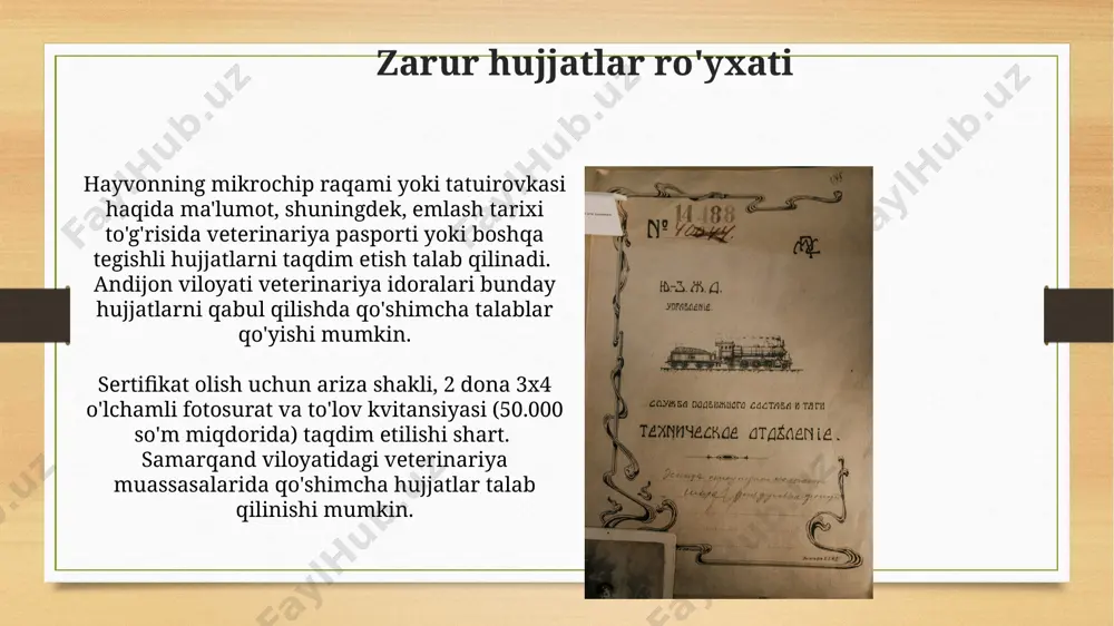 рия клиникаларида ҳайвонларни текширувдан ўтказиш ва сертификат олиш учун 50 000 сўмдан 150 000 сўмгача тўловлар белгиланган бўлиб, бу нархлар ҳайвон тури ва текширув ҳажмига боғлиқ. андижондаги хусусий ветеринария клиникаларида ҳайвон сертификатини олиш учун минимал тўлов 30 000 сўмни, кенг кўламли текширувлар билан бирга 100 000 сўмгача бўлган харажатларни ўз ичига олади, тўловлар нақд пул ва банк карталари орқали амалга оширилади. sertifikatga qo'yiladigan imzolar va muhrlar namangan viloyati veterinariya boshqarmasi tomonidan berilgan sertifikatlarga 5-ilova shaklidagi rasmiy muhr va imzo, shuningdek, hududiy veterinariya mutaxassisining imzosi qo'yiladi. sertifikatga davlat veterinariya boshqarmasi vakilining 3-ilova shaklidagi rasmiy muhri va imzosi, shuningdek, tekshiruv o'tkazilgan tuman/shahar veterinariya stansiyasi muhri va mas'ul shaxsning imzosi qo'yiladi. davolash muassasasi tanlash farg'ona vodiysidagi 3 ta davlat veterinariya klinikasi bilan bog'lanib, ularning sertifikatlash jarayoni va kerakli hujjatlar ro'yxati haqida batafsil ma'lumot oling. veterinariya sertifikatini olish uchun samarqand viloyatidagi 2 ta yirik veterinariya shifoxonasining malakali mutaxassislarini va ularning tajribasini taqqoslash tavsiya etiladi. …