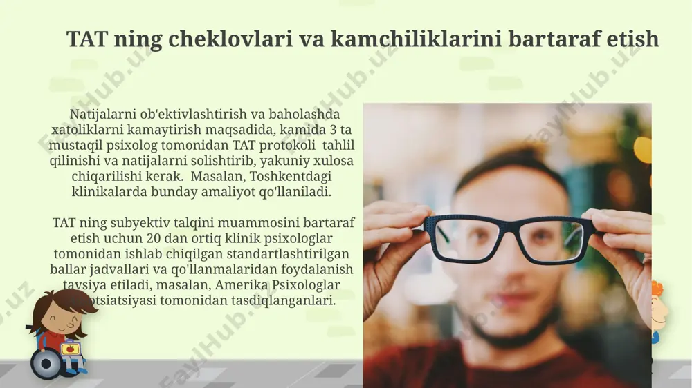 axsning hissiy holatini va 20 yoshgacha bo‘lgan davrda shakllangan psixologik xususiyatlarini aniqlashda muhim ahamiyatga ega, bu esa toshkentdagi klinik amaliyotda keng qo‘llaniladi. tat ning maqsadi va qo'llanilishi tatning asosiy maqsadi – shaxsning yashirin ehtiyojlari, motivatsiyasi va munosabatlarini 20 dan ortiq noaniq rasmlar orqali ochib berishdir, bu esa psixologlarga 10 yoshdan 70 yoshgacha bo'lgan odamlarni tushunishga yordam beradi. tat qo'shma shtatlari va dunyoning boshqa mamlakatlaridagi klinik psixologlar tomonidan tashxis qo'yish, psixoterapiya jarayonini kuzatish va 5 ball shkalasi asosida shaxs xususiyatlarini baholashda qo'llaniladi. tat ning boshqa psixologik testlar bilan taqqoslanishi tat, 2023-yilgi ma'lumotlarga ko'ra, bmtning ko'plab mamlakatlarida qo'llaniladigan psixologik tekshiruv usullaridan biri bo'lsa-da, reyvenning progressiv matritsalari testi kabi intellektual qobiliyatlarni baholashga qaratilgan testlardan tubdan farq qiladi. tat, masalan, rorschach testidan farqli o'laroq, 10 dan ortiq noaniq rasmlarni emas, balki 30 ta aniqroq tasvirlardan foydalanadi va javoblarni tahlil qilishda proektsion mexanizmlarga ko'proq e'tibor beradi. test materialining tavsifi test materiallari amerika qo'shma shtatlarida ishlab …