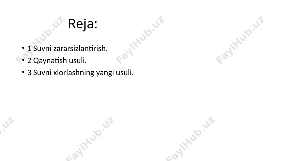 di. bu usul iqtisodiy jihatdan tejamli. rivojlangan mamlakatlarda suvni ozon yordamida zararsizlantirish keng yoʻlga qoʻyilgan, bunda eng katta suv tarmogʻi inshootlarida suv ozon bilan zararsizlantiriladi. ozon faqat bakteriotsid xususiyatga ega boʻlib qolmay, balki suvning organoleptik xususiyatlarini ham yaxshilaydi. suvni zararsizlantirishda qoʻllanadigan noyob usullarga suvni ultrabinafsha nurlar bilan, simobkvars yoki simobargon lampalari yordamida zararsizlantirish kiradi. bu usullarning barchasi inson salomatligini muhofaza qilishga qaratilgan. foydalangan adabiyotlar. . r.a. sobirova, o.a. abrorov f.x. inoyatova, a.n.aripov “biologic kimyo” m.bakiyev , b.nosirov , r. xo’jaqulov. “gidrotexnika inshootlari”. toshkent - «talqin» - 2007 image1.png /docprops/thumbnail.jpeg