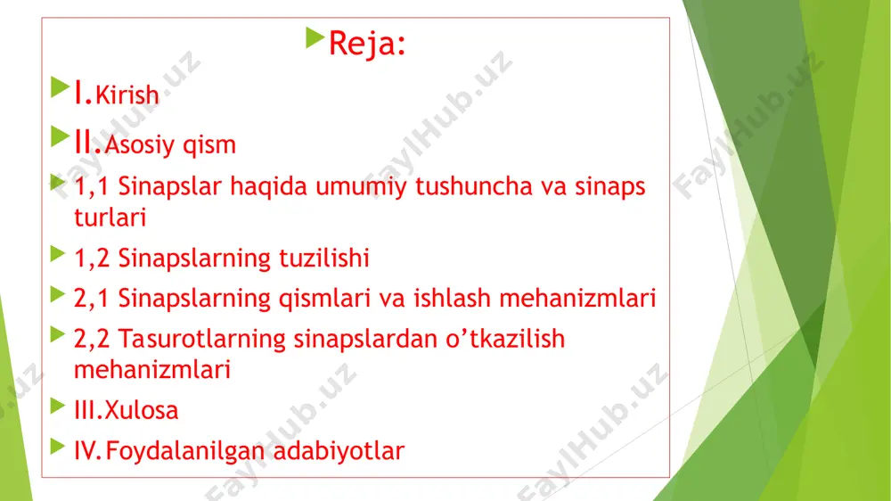 ilinadi.3.qo’zg’alishning o’tish uslibiga ko’ra sinopslarni eliktr va kimyoviyga bo’lish mumkin.aralash elektr-kimyoviy sinapslar ham bor. kimyoviy sinapslar kimyoviy sinapslar yirigi ancha keng (10-40-nm)va yuqori elektr qarshiligiga ega bo’lgani uchun elektr impulslar utishiga to’sqinlik qiladi.impulslar bu to’sqinlikdan maxsus kimyoviy vositachi medyatr yordamida o’tishi mumkin.oldindan sintezlanib qo’yilgan mediyator aksonning perisinoptik oxiridagi sinoptik pufakchalarda saqlanadi.har bir pufakchada 20-minga yaqin medyatr malekulasi bor bu miqdor medyatrning 1 kv tashkil qiladi.nerv impulslarining aksoning sinaps oldi oxirlariga yetib kelishi pufakchalar yorilib medyatrni sinaos yirigiga ajralishiga sabab boladi.hozir mediator deb ataladigan moddalarning kimyoviy tuzilishi har hil. qo’zg’alishning sinapsdan o’tishida post sinaptik membranada joylashgan medyatrlarga sezgir retsiptorlarning ahamiyati katta.har qaysi medyatrning mahsus retseptori bor.ular ichida atsitilxolinga sezgir xolinoretsiptor ko’proq tekshirilgan.alohida olingan xolino retseptor membranani teshib o’tgan 5 ta murakkab oqsil malekulalari yig’indisidan iborat.bu malekulalar yonma yon zich qilib aylana shakilda tahlangan 5 ta qalamga uxshaydi.sinapsdan o’tadigan impulslar bo’lmaganida kanal yopiq turadi.retseptor yig’indisidagi ogbi sharning sinaps yirigiga qaragan uchida atsetilxolin …