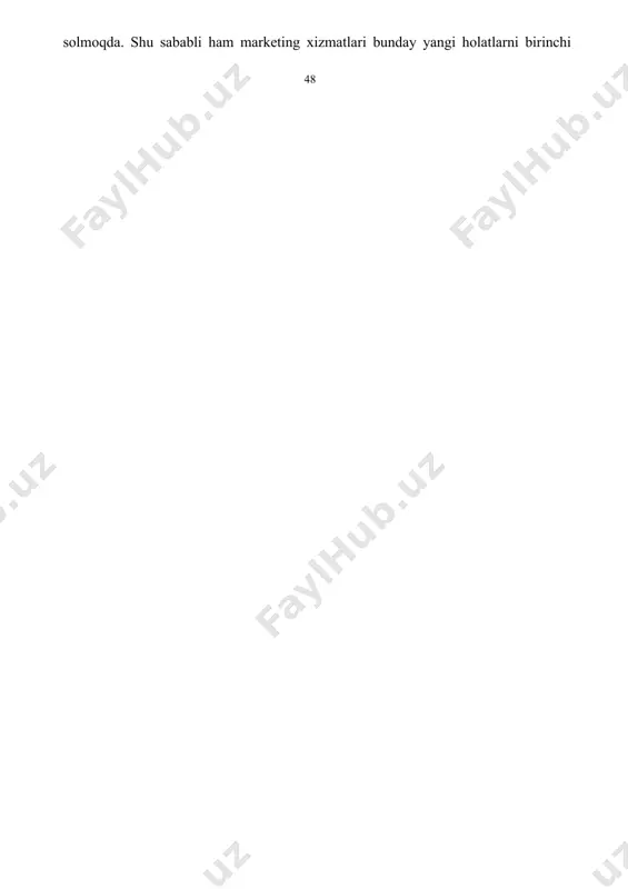 48 bo‘lib, tadqiq etib, uning chorasini izlab topishi kerak. birinchidan, ularda zarur axborotlarni yig‘ish maxsus uslublarga ega bo‘lgan, marketing tadqiqotlari bor. ikkinchidan esa, ular iste’molchilarni va raqobatchilarni yaxshi biladilar. shu sababli, marketologlar tez o‘zgarayotgan muhit uchun kerakli bo‘lgan, marketing strategiyalarini tezda ishlab chiqib, uni o‘zgartiradilar. marketing muhiti – mikro va makromuhitdan iboratdir. mikromuhit – bu korxonaning yaqin atrofda xarakatlanayotgan va uni mijozlariga xizmat ko‘rsatish qobiliyatiga ta’sir o‘tkazuvchi kuchlardir. korxonalar o‘zlarining xaridorlarini diqqat bilan o‘rganishlari lozim. quyidagi 3.1-rasmda bozorlarning oltita turi keltirilgan. savdo - vositachi bozorlar ijtimoiy(sosial) ta'minot bozorlari sanoat bozorlari, b2b davlat tuzilishi bozorlari iste'mol b2c bozorlari, marketing xalqaro bozorlar 3.1-rasm. xaridorlar bozori turlari aloqa(kontakt) auditoriyalariga – korxona faoliyatiga qiziqish bildiradigan va uning maqsadlariga erishish bildiradigan va uning maqsadlariga erishish bo‘yicha imkoniyatlariga ta’sir o‘tkazuvchi har qanday insonlar guruhidir. korxonaning tadbirkorlik faoliyati yuritishiga imkoniyatlar yaratuvchi va unga xavf – xatarlar etkazuvchi makromuhit omillar ta’sir qiladi. 3.2. mikromuhit: kompaniyalar, ta’minotchilar, mijozlar, vositachilar …