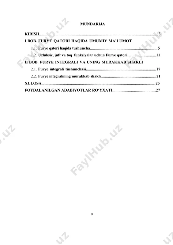 rayonining raqamli parchalanishini anglatadi - okean oqimlari va yorug'lik to'lqinlaridan quyosh (va boshqa astronomik ob'ektlar) faoliyatining tsikllariga qadar. ushbu matematik metodlardan foydalangan holda siz har qanday tebranuvchi jarayonlarni minimaldan maksimalgacha va orqaga qarab ketadigan sinusoidal komponentlar qatori sifatida ifodalash orqali funktsiyalarni ajratishingiz mumkin. furye konvertatsiyasi - ma'lum bir chastotada sinusoidlarning fazasi va amplitudasini tavsiflovchi funktsiya. ushbu jarayon issiqlik, yorug'lik yoki elektr energiyasi ta'sirida yuzaga keladigan dinamik jarayonlarni tavsiflovchi juda murakkab tenglamalarni echishda ishlatilishi mumkin. shuningdek, furye seriyasi murakkab tebranuvchi signallarda doimiy komponentlarni ajratib ko'rsatishga imkon beradi, shu tufayli olingan tibbiyot, kimyo va astronomiya bo'yicha olingan eksperimental kuzatuvlarni to'g'ri talqin qilish mumkin bo'ldi. kursishining maqsadi. talabalarga furye qatorlari mavzusini o’qitishning ijtimoiy psixologik xususiyatlarini ilmiy-nazariy tahlil etib xulosalash va tavsiyalar ishlab chiqish. kursishining obyekti. talabalarga furye qatorlari mavzusini o’qitishning ijtimoiy psixologik xususiyatlarini tahlil etish jarayoni. kursishining predmeti. . talabalarga furye qatorlari mavzusini o’qitishning ijtimoiy psixologik xususiyatlarini shakllantirishning mazmuni, shakl, usul va vositalari. …