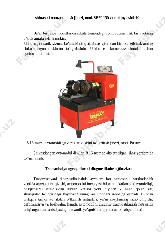 gs. gacha) chastotalarida o‘lchash imkoniyatiga ega. ushbu datchiklar nazorat etilayotgan mexanizmga rezbali birikma, magnitli yoki qisqichlar yordamida mahkamlanadi. ilashmani diagnostikalash uning to‘liq qo‘shilishini tekshirishdan iborat bo‘lib, yengil va bir maromda qo‘shilishi, tepki erkin yo‘lining qiymatlari orqali baholanadi. ilashmani ishga yaroqlilik holatini tekshirish uchun stroboskopik jihoz va avtomobilni yetaklovchi ‗gildiraklari bilan o‘rnatiladigan dinamometrik qurilmadan foydalaniladi. dvigatelning ishchi holatida to‘‘grilangan yuqori kuchlanish chaqmoqdan kondensatorga, energiya jamlangan holatida stroboskopik lampaga uzatiladi. stroboskop lampasining yonishi dvigatel birinchi silindri chaqmo‘gida o‘t oldirish momenti bilan mos keladi, va nur kardan sharniriga to‘‘grilanadi. dinamometrik qurilma yordamida avtomobil uzatmalar qutisining birinchi bosqichida maksimal yuklanish xosil qilinadi. agar ilashma bir maromda ishlasa, stroboskop lampasi nuri tushirilgan sharnir qo‘z‘galmagandek ko‘rinadi, aks holda sharnirning aylanishi kuzatiladi. ilashmani ishga yaroqliligini boshqa usulda ham tekshirish mumkin. buning uchun avtomobil dinamometrik qurilmaga o‘rnatiladi va yetaklovchi ‗gildiraklarga maksimal burovchi momentga mos keluvchi yuklanish beriladi. ilashma tepgisiga maxsus uskuna (7.1-rasm) o‘rnatilib, uning yuqori qismi rul chambaragiga …