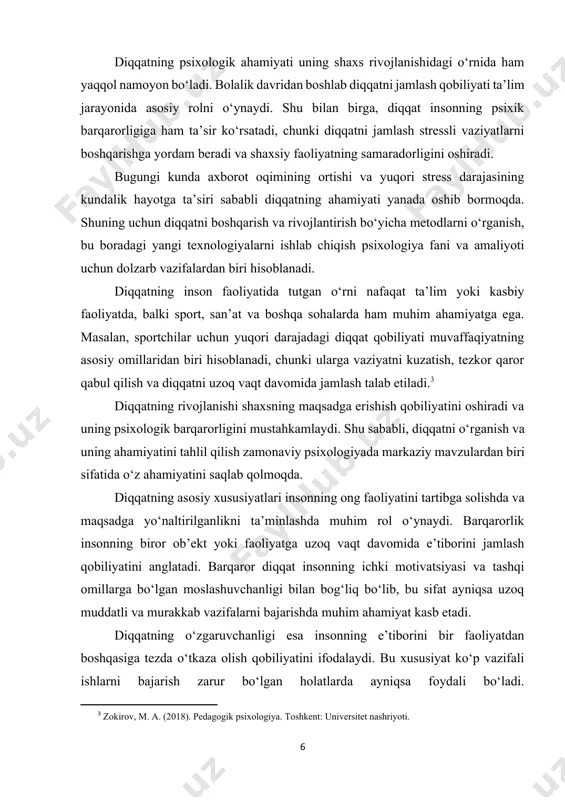 moqda. diqqatning asosiy xususiyatlari insonning ong faoliyatini tartibga solishda va maqsadga yo‘naltirilganlikni ta’minlashda muhim rol o‘ynaydi. barqarorlik insonning biror ob’ekt yoki faoliyatga uzoq vaqt davomida e’tiborini jamlash qobiliyatini anglatadi. barqaror diqqat insonning ichki motivatsiyasi va tashqi omillarga bo‘lgan moslashuvchanligi bilan bog‘liq bo‘lib, bu sifat ayniqsa uzoq muddatli va murakkab vazifalarni bajarishda muhim ahamiyat kasb etadi. diqqatning o‘zgaruvchanligi esa insonning e’tiborini bir faoliyatdan boshqasiga tezda o‘tkaza olish qobiliyatini ifodalaydi. bu xususiyat ko‘p vazifali ishlarni bajarish zarur bo‘lgan holatlarda ayniqsa foydali bo‘ladi. o‘zgaruvchanlikning yuqori darajasi insonning tezkor fikrlash qobiliyati va moslashuvchanligini ta’minlaydi. diqqatning hajmi inson bir vaqtning o‘zida qancha ob’ekt yoki jarayonga e’tibor bera olishini belgilaydi. hajmning kattaligi ko‘pincha vazifalarning murakkabligi va ular o‘rtasidagi bog‘liqlik darajasiga bog‘liq. masalan, o‘qituvchi birdaniga bir nechta o‘quvchining faoliyatini nazorat qilishi, murabbiy esa o‘yin davomida bir nechta o‘yinchining harakatlarini kuzatishi zarur bo‘lgan holatlar diqqat hajmi bilan bog‘liq. diqqatning taqsimlanishi esa bir vaqtning o‘zida bir nechta faoliyatni muvaffaqiyatli …