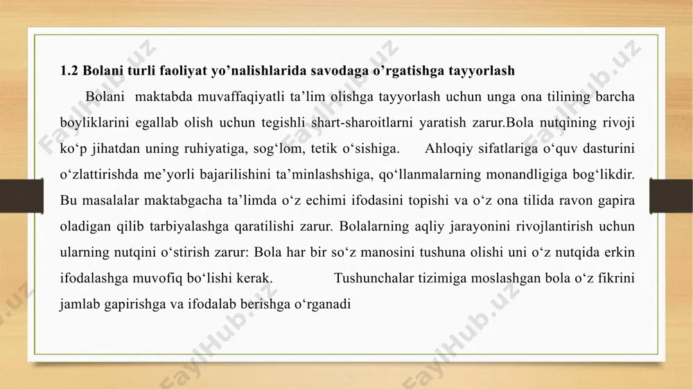 qadriyatlar ruhida tarbiyalash jarayonlarini to‘g‘ri tashkil etishga qaratilmog‘i zarurdir. buning boisi shuki, jamiyatimizning rivojlanishi ko‘p jihatdan kishilarning yuksak aqliy imkoniyatlariga, yuksak ongi, ma‘naviy dunyosi, umummadaniyatiga bog‘liqdir. mustaqil ish mashqning faol turi bo’lib, uni bajarish jarayonida o’quvchilar fikrlashga va mustaqil faoliyat yuritishga o’rganadilar. bir vaqtning o’zida ikki yoki uch sinf bilan ishlanadigan oz komplektli maktablarda mustaqil ish, ayniqsa, juda zarur hamda katta ahamiyatga ega. foydalanilgan adabiyotlar ro’yxati; 1. mirziyoyev sh.m. “tanqidiy tahlil, qat’iy tartib-intizom va shaxsiy javobgarlik- har bir rahbar faoliyatining kundalik qoidasi bo’lishi kerak”.t.: o’zbekiston 2017. 2. mirziyoyev sh.m “ harakatlar strategiyasi 2017-2021 y” t.: ma’naviyat, 2017 3. mirziyoyev sh.m “ buyuk kelajagimizni mard va oliyjanob xalqimiz bilan birga quramiz.t.:o’zbekiston, 2017 4. o’zbekiston respublikasining “ ta’lim to’g’risida”gi qonun. barkamol avlod – o’zbekiston taraqqiyotining poydevor. t.:sharq,1997 5. ”ilk qadam” maktabgacha ta’lim muassasasining davlat o’quv dasturi t.:2018 6 .o’zbekiston respublikasi davlat maktabgacha ta’lim muassasasito’g’risidagi nizom t.:2017 6 .o’zbekiston respublikasi davlat maktabgacha ta’lim …