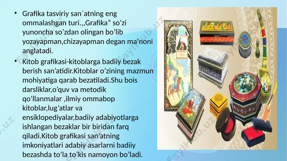 ning iqtidori yaqqol namoyon bo’lgan. ularda cuqur yumoristik ruh ifodalangan kompozitsiyalar ,nozik istehzoli kayfiyat nafis chiziqlarda mohirlik bilan tasvirlangan. bundan tashqari o’zbekistonda kitob grafika san’atining rivojiga hissa qo’shgan telman muhamedovning ijodida sharq miniatura san’atining an’analari o’ziga xos talqinda davom etdi bu rasmda kitob bezovchi rassom telman muhamedovning o’zbek xalq ertaklariga ishlagan illuyustratsiyasidan na’munalar keltirilgan yangi mavzuni mustahkamlash bu rasmda tasviriy san’atning qaysi turi tasvirlangan kitob grafikasi o’zbek xalq ertaklariga ishlangan illyuratsiyasinig muallifi kim telman muhamedov uyga vazifa kitob bezovchi rassomlar haqida ma`lumot yig`ing hamda ular ijodidagi o`ziga xosligini tahlil qiling. image1.png image2.jpg image3.jpg image4.jpg image5.jpg image6.jpg image7.jpg image8.jpg /docprops/thumbnail.jpeg