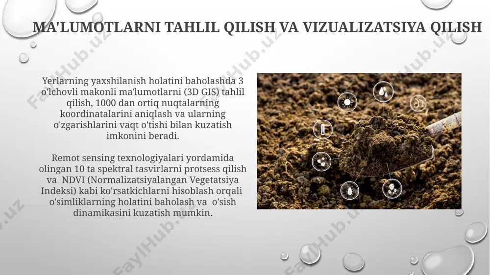 5 turdagi o'simlikning mavjudligi yaxshi holatni ko'rsatadi. biologik ko'rsatkichlarni tahlil qilishda, tuproq mikroorganizmlarining soni (masalan, bakteriyalar soni 10⁶ cfu/g dan yuqori bo'lishi) va ularning faolligi (respirasion koeffitsiyent) kabi parametrlarni o'rganish muhim ahamiyatga ega. remediatsiya ishlarini samaradorligini baholash remediatsiya ishlarining samaradorligini baholashda, tuproq namunalarida og‘ir metallarning konsentratsiyasining 20% dan ortiq kamayishi, muvaffaqiyatli tozalashni ko‘rsatadi. remediatsiya natijalarini baholashda, o‘simliklarning biomassa o‘sishi 30% va undan ko‘p bo‘lsa, tuproqning reabilitatsiya darajasi yuqori deb baholanadi. geofizik usullar seysmik refleksiya usuli orqali 10-100 metr chuqurlikdagi geologik qatlamlarni aniqlash va ularning fizik xossalarini o'rganish, tuproqning yaxshilanishiga ta'sir etuvchi omillarni aniqlashga yordam beradi. geofizik usullar yordamida yer osti suvlarining chuqurligini aniqlash, 5-10 metr oralig'ida o'lchovlar olib, suv sathi xaritasini tuzish orqali yerning sug'orish holatini baholash mumkin. yerlarning yaxshilanish holatini baholash usullari yerlarning yaxshilanish holatini baholashda tuproqning organik moddalar miqdorini aniqlash uchun 5 ballli shkala yoki spektrofotometrik usullar qo‘llanilishi mumkin. o‘simliklarning zichligi va balandligi, shuningdek, biomasa miqdori yerning yaxshilanish …