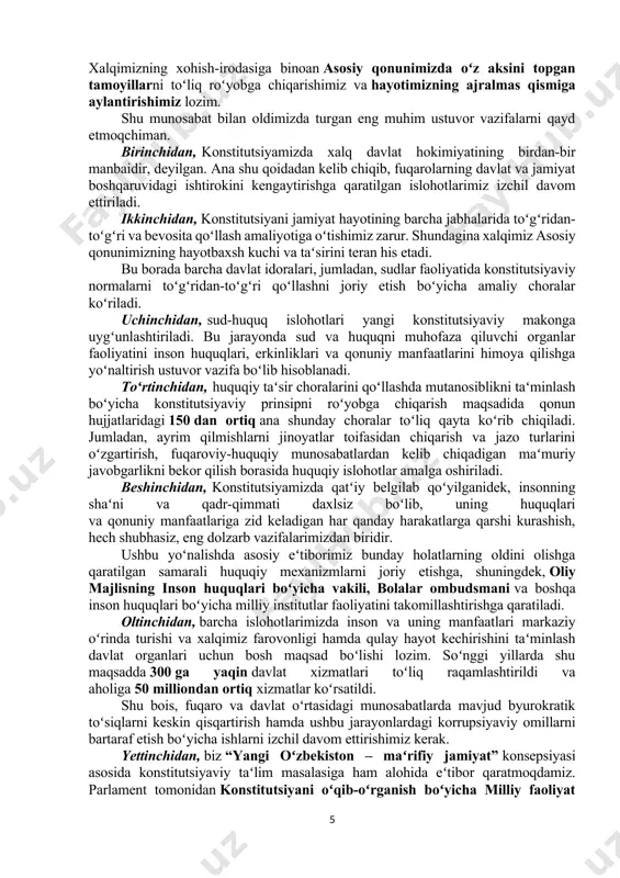 uyon tovar ayirboshlash 30 foizga oshdi, qo‘shma korxonalar va to‘g‘ridan-to‘g‘ri aviaqatnovlar soni ko‘paymoqda. ikki mamlakat yetakchi kompaniyalari ishtirokidagi qo‘shma loyihalar portfeli 4 milliard dollarni tashkil etmoqda. faol muloqotni davom ettirish va bo‘lajak oliy darajadagi tadbirlarga puxta tayyorgarlik ko‘rish muhim ekani ta’kidlandi. amaliy hamkorlikni yanada kengaytirish va uni keng ko‘lamli strategik sheriklik darajasiga olib chiqishdan manfaatdorlik bildirildi. oʻzbekiston xalqiga bayram tabrigi siz, azizlarni, koʻpmillatli butun xalqimizni 8-dekabr – oʻzbekiston respublikasi konstitutsiyasi kuni bilan chin qalbimdan samimiy muborakbod etaman. konstitutsiya milliy davlatchiligimiz, suverenitetimiz, shu kunga qadar erishgan barcha yutuq va marralarimiz, demokratik huquqiy davlat barpo etish yoʻlidagi saʻy-harakatlarimizning mustahkam poydevori hisoblanadi. asosiy qonunimizning jonajon oʻzbekistonimiz taraqqiyotidagi beqiyos ahamiyatini yuksak qadrlaymiz. albatta, bu yilgi bayram ijtimoiy-siyosiy hayotimizda, mamlakatimiz rivojida alohida maʻno-mazmunga ega. bu, avvalo, shu yil 30-aprelda milliy tariximizda birinchi marta umumxalq referendumi asosida konstitutsiyamiz yangi tahrirda qabul qilingani bilan bogʻliq, desak, ayni haqiqatni aytgan boʻlamiz. hech shubhasiz, tom maʻnoda xalqchil qomus boʻlgan …