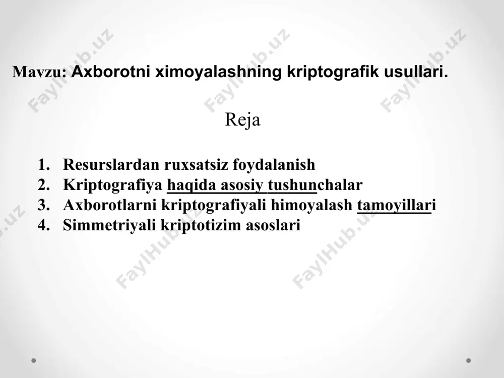 tlarni ishlatish-ga huquq berish jarayoni. ayrim veb-saytlar foydalanuvchilarga qo‘shimcha xizmatlarni olish va pullik xizmatlarga obuna bo‘lish uchun ro‘yxatdan o‘tishni hamda login va parol olishni taklif qiladilar. foydalanuvchi ro‘yxatdan o‘tgandan so‘ng tizimda unga qayd yozuvi (account) yaratiladi va unda foydalanuvchiga tegishli axborotlar saqlanadi. login va parol masalalari login va parolga ega bo‘lish shartlari. biror shaxs o‘zining login va paroliga ega bo‘lishi uchun u birinchidan axborot kommunikatsiya tizimida ruyxatdan o‘tgan bo‘lishi kerak va shundan so‘ng u o‘z logini va parolini o‘zi hosil qilishi yoki tizim tomonidan berilgan login parolga ega bo‘lishi mumkin. login va parolni buzish. login va parolni buzish – bu buzg‘unchining biror bir maqsad yo‘lida axborot kommunikatsiya tizimi ob’ektlaridan foydalanish uchun qonuniy tarzda foydalanuvchilarga tegishli login va parollarini buzishdir. login va parolni o‘g‘irlash. login va parolni o‘g‘irlash – bu foydalanuvchilarning mahfiy ma’lumotlari bo‘lgan login va parollarga ega bo‘lish maqsadida amalga oshiriladigan internet firibgarligining bir turidir. kriptografik usullardan foydalanishning asosiy yo’nalishi …