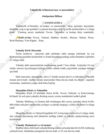 yahudiylik ta'limoti, an'ana va marosimlari — DOCX