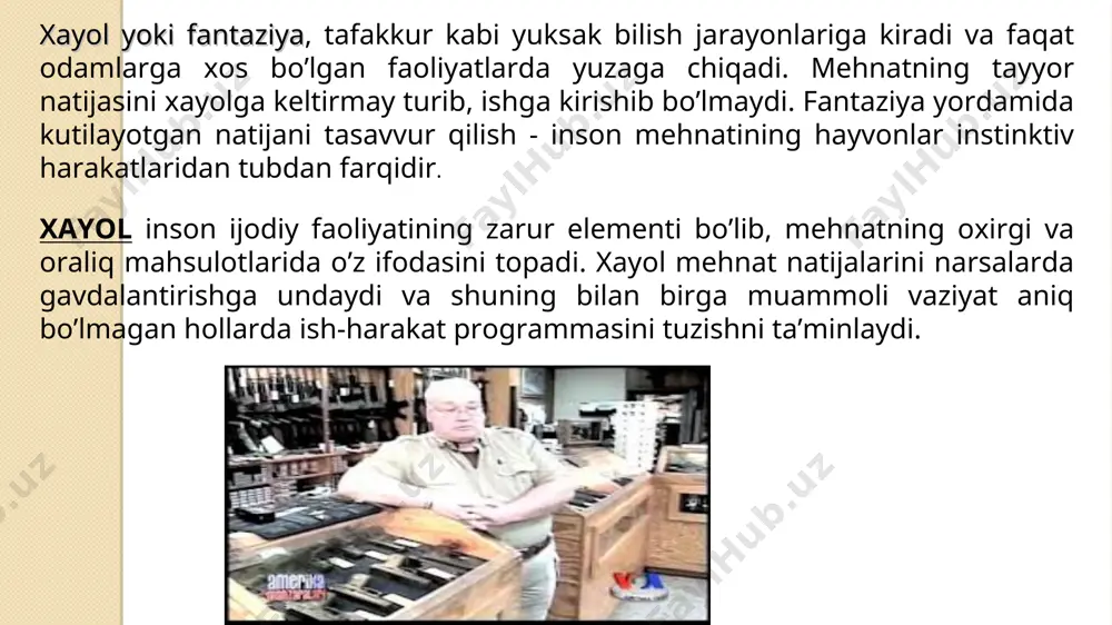 tak obrazlari yaratiladi (suv parisi, tovuq oyog’ida turgan uy, pegas, kentavr va shu kabilar). agglyutinatsiyadan texnik ijodda ham foydalaniladi (tank amfibiya, gidrosamolyot). giperbolizasiya. giperbolizatsiya narsalarni kattalashtirish, kichraytirish, ularning ma’lum qismlarining sonini ko’paytirish, ularning o’rnini almashtirish orqali yangi obrazlar yaratish. urg’u berish fantaziya obrazlarini yaratishning yana bir yo’li narsalarning qandaydir sifatlarini, belgilariga urg’u berish, ularga diqqatni turli yo’llar bilan jalb qilishdir. bu usullar ayniqsa satirik jurnallarda ko’p qo’llaniladi. bu usul bilan o’rtoqlik hazillari va turli karikaturalar yaratiladi. sxematizasiya (sxemalashtirish) - biror mavjud narsadan andoza olib, shu andoza asosida obrazlar yaratish. masalan rassomlar turli o’simliklarning obrazi asosida naqshlar yaratadilar. yangi xayol obrazlarini yaratishning yana bir usuli, tipiklashtirish. tipiklashtirishdan badiiy adabiyotda keng qo’llaniladi. bu usul yordamida biror hodisaga, kishilar toifalariga, davrga xos yoki ularda ko’p takrorlanuvchi belgilar ma’lum obrazlarda gavdalantiriladi. tafakkur ... – inson ongining bilish obyektlari hisoblanmish narsa va hodisalar o’rtasida murakkab, har tomonlama aloqalarning bo’lishini ta’minlovchi umumlashgan hamda mavhumlashgan aks ettirish …