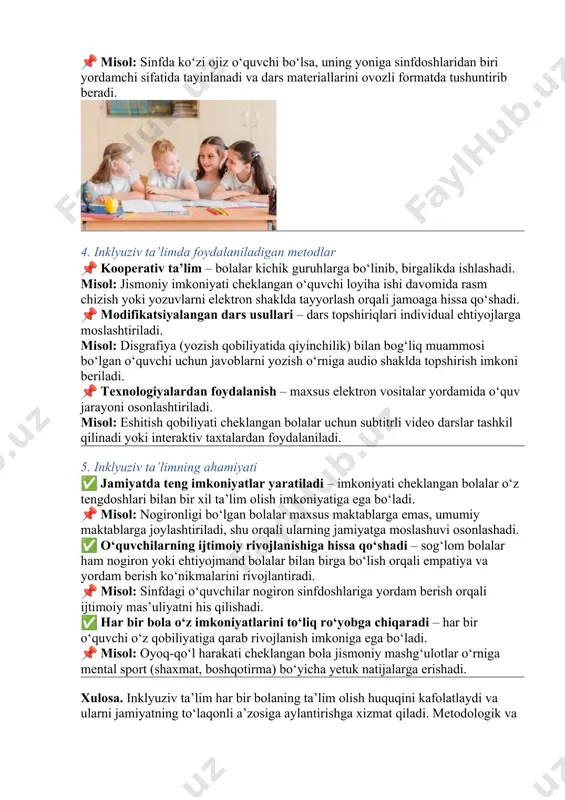 empatiya va yordam berish ko‘nikmalarini rivojlantiradi. 📌 misol: sinfdagi o‘quvchilar nogiron sinfdoshlariga yordam berish orqali ijtimoiy mas’uliyatni his qilishadi. ✅ har bir bola o‘z imkoniyatlarini to‘liq ro‘yobga chiqaradi – har bir o‘quvchi o‘z qobiliyatiga qarab rivojlanish imkoniga ega bo‘ladi. 📌 misol: oyoq-qo‘l harakati cheklangan bola jismoniy mashg‘ulotlar o‘rniga mental sport (shaxmat, boshqotirma) bo‘yicha yetuk natijalarga erishadi. xulosa. inklyuziv ta’lim har bir bolaning ta’lim olish huquqini kafolatlaydi va ularni jamiyatning to‘laqonli a’zosiga aylantirishga xizmat qiladi. metodologik va nazariy yondashuvlar asosida ishlab chiqilgan tizim esa o‘quvchilarning o‘z salohiyatini to‘liq ochib berishiga yordam beradi. maktabgacha inklyuziv ta’lim kursi: predmeti, maqsadi va vazifalari 1. kurs predmeti maktabgacha inklyuziv ta’lim kursi nogironligi yoki rivojlanishida maxsus ehtiyojlari bo‘lgan bolalarni umumiy ta’lim muhitida tarbiyalash va ularga mos sharoit yaratish bo‘yicha bilim va ko‘nikmalarni shakllantiradi. bu kurs talabalarga maktabgacha yoshdagi bolalar bilan inklyuziv muhitda ishlash usullari, metodlari va pedagogik yondashuvlar haqida tushuncha beradi. 📌 misol: kurs davomida talabalar …