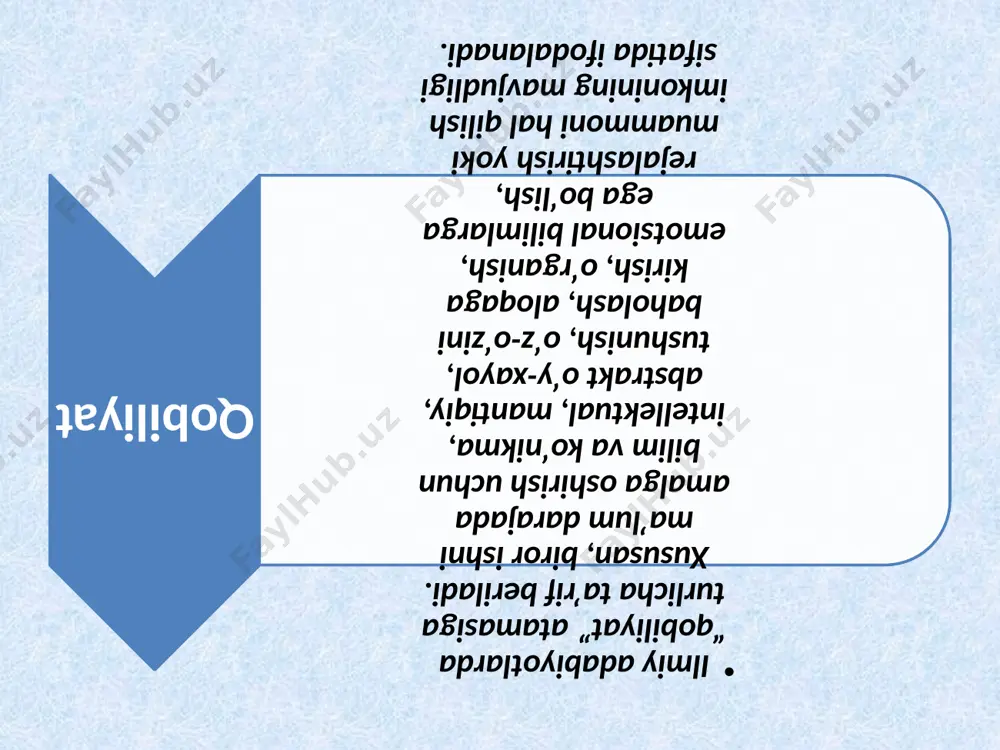 ng, metodologik muammolarning ustunligi muvofiqdir. chaqqonlik badiiy talant tushunchalar bilan fikrlash induktiv mulohaza musiqaviy talant fazoviy qobiliyat xotira pertseptiv qobiliyat talantning asosiy belgilari: muvaffaqiyatni ta’minlash; faoliyatni mustaqil bajarish; originallik unsurining mavjudligi qobiliyat hamda iste’dodlar yig‘indisidan iborat ekanligi; individual psixologik xislatliligi; ijtmoiy turmushni o‘zgartiruvchi yaratuvchilik imkoniyati kabilar; ; qobiliyatlarning rivojlanishi va shakllanishi quyidagilarga bog‘liq: birinchidan, ma’lum bir faoliyatga moyillik yoki intilish borligiga va faoliyat natijalarining sharoitga qarab tegishli tabiiy zehn, nishonalarni aniqlash yo‘li bilan, ikkinchidan mutaxassis (muzikant, artist, rassom va hokazo) rahbarligida tizimli faoliyatga jalb etish orqali shaxsning tabiiy xususiyatlarini chiniqtirish va rivojlantirish yo‘li, bilan uchinchidan, umumlashgan aqliy operatsiyalarni shakllantirish yo‘li bilan borishi kerakki, bu operatsiyalar umumiy va maxsus axborotni yengil va samarali o‘zlashtirishni, tanlagan faoliyat bo‘yicha ko‘nikma va malakalarni hosil qilishni ta’minlasin. to‘rtinchidan, o‘quvchining maxsus qobiliyatini kamol toptirishni jadallashtirishni ta’minlovchi shaxsni har tomonlama rivojlantirish yo‘li bilan. beshinchidan, shaxsning faollik alomatlarini tarbiyalash yo‘li bilan borish kerakki?, bu alomatlari dastavval mehnatsevarlik, mustaqillik, …