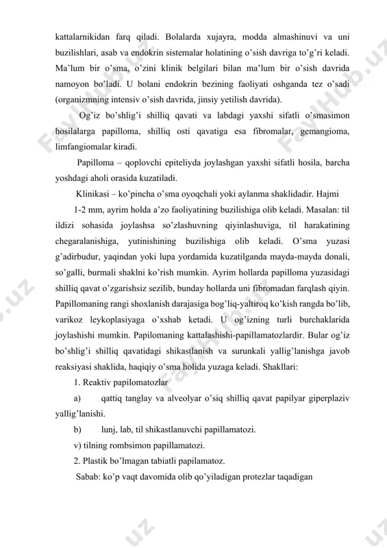 r yuz-jag’, ayniqsa lab va og’iz bo’shlig’i sohasida joylashadi. yaxshi sifatlisi 2 xil: gemangioma – arteriya, vena, kapillyarlarda, limfangioma – limfa tomirlarda kuzatiladi. gemangioma – hajmi, tashqi ko’rinishi uning turiga bog’liq. tashqi ko’rinishi bo’yicha 3 xil: oddiy, retsemoz, kavernoz. bir xil tomirdagi o’smalarning har – xil turi aralash kelganda kombinirlangan gemangioma, agar boshqa o’smalar bilan kuzatilsa-aralash angioma (fibrangioma, neyroangiofibroma) deyiladi. oddiy gemangioma o’zida dog’ yoki tugunni saqlab, och-qizil rangdan to’q ko’kish ranggacha ko’rinib, turli kattalikda butun og’iz bo’shlig’ini qoplashi mumkin. shilliq qavat, shilliq osti qavati jaroxatlanadi, ayrimlarda mushakkacha borishi mumkin. og’iz shilliq qavatining unchalik sezilarsiz jaroxati ayrim hollarda qon ketishiga sabab bo’ladi. yosh bolalarda infiltratli o’simta: ham chuqurlikka, ham kenglik bo’yicha tarqalib, radikal usul qo’llanilmasa retsedivlanish holatini keltirib chiqaradi. retsemoz gemangioma yumshoq konsistensiyali, tuguncha ko’rinishida bo’lib, atrof to’qimadan bo’rtib turadi. xususiyati unda pulsatsiya kuzatilib, yurak qisqarishiga hamohang bo’ladi. kavernoz gemangioma to’q qizil yoki ko’kish rangdagi yumshoq elastik konsistensiyali tugundan iborat: …
