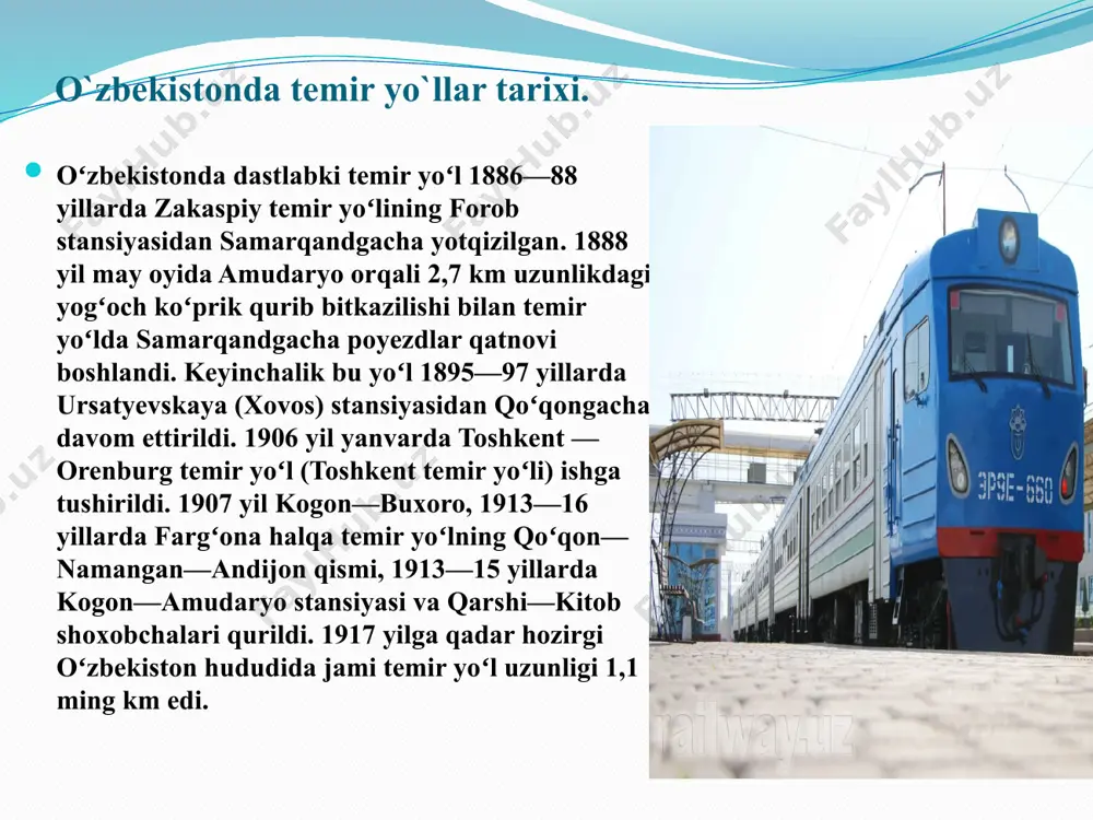 nasi 10. manzilga etib borish vaqti chiptaning qiymatiga qo'shimcha tariqasida, chipta sotish jarayonida ko'rsatilgan xizmatlar uchun komission yig'imlari undiriladi. rasmiylashtirilgan har bir joy uchun yo'lovchi tashuvchi tomonidan belgilangan komissiya kelishilgan narxda undiriladi. 2020 yil 25 sentyabrdan boshlab komissiya to'lovi (yo'lovchi poyezdidagi har bir o'rindiq uchun): yuqori tezlikda harakatlanadigan afrosiyob poyezdlari uchun - 25 000 so'm; - barcha ichki yo'nalishdagi yo'lovchi poyezdlari uchun - 25 000 so'm; - mdh mamlakatlari bilan aloqada bo'lgan barcha davlatlararo yo'lovchi poyezdlari uchun "o'zbekiston temir yo'llari" aj tarkibiga - 63 000 so'm; - mdh mamlakatlari bilan aloqada bo'lgan, boshqa davlatlar tarkibidagi barcha davlatlararo yo'lovchi poyezdlari uchun - 63 000 so'm; - "tulpar talgo" № 001/002 (olmaota - toshkent - olmaota) davlatlararo poyezdi uchun - 43 000 so'm. "o'ztemiryo'lyo'lovchi" aj xulosa xulosa qilib aytganda, temir yo`l transporti butun dunyo bo`yicha rivojlanib borayotgan transport turlaridan hisoblanadi.u nafaqat yo`lovchi tashishda shuningdek, yuk tashishda ham o`zining qulay va arzonligi bilan …