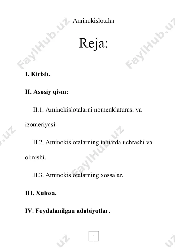 rda etil spirtini sulfat kislota bilan ishlash natijasida etil efir olindi. organik moddalarni sof holda olish va ularni o`rganish xviii asrning oxiri va xix asrning boshlariga kelib kuchaydi. ii. asosiy qism: ii.1. aminokislorning nomenklaturasi va izomeriyasi. aminokislotalar deb – molekulasida amino – nh2 va karboksil gruppa tutgan umumiy formulasi (h2n)n-r-(cooh)m bo’lgan birikmalarga aytiladi. bitta amino va bitta karboksil guruh tutgan aminokislotalar – bir asosli monoaminokislotalar h2n-r-cooh bitta amino va ikkita karboksil gruppa tutgan aminokislotalar – ikki asosli monoaminokislotalar h2n-r-(cooh)2 bitta karboksil va ikkita amino gruppa tutgan aminokislotalar – bir asos diaminokislotalar (nh2)2-r-cooh radikalning tabiatiga qarab aminokislotalar alifatik, aromatik, geterosiklik, to’yingan va to’yinmagan aminokislotalarga bo’linadi. izomeriyasi. aminokislotalarning izomeriyasi, birinchidan funksional gruppaning birbiriga nisbatan joylashishiga ko’ra; ch3-ch(nh2)-cooh h2n-ch2-ch2-cooh uglerod zanjirining tarmoqlanishiga ko’ra; va ko’zgu izomeriya uchraydi. d-aminokislota l-aminokislota aminokislotalarda karboksil guruhga nisbatan aminoguruh joylashishiga ko’ra quyidagi turlarga ajratiladi. α (alfa)-aminokislotalar β (betta)-aminokislotalar γ (gamma)-aminokislotalar δ (delta)-aminokislotalar ε (epsilon)-aminokislotalarga ajratiladi. nomenklaturasi. aminokislotalar kelib …