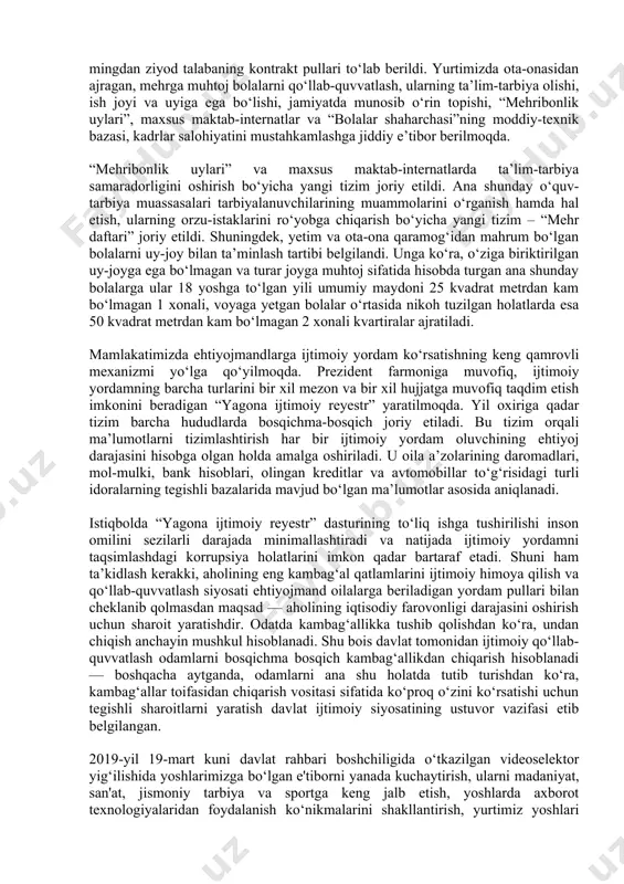 lardagi jami 8 mingga yaqin qishloq va mahallada qurilish, ta’mirlash va obodonlashtirish ishlari amalga oshirilmoqda. ta’kidlash kerakki, milliy tariximizda qishloq va mahallalarimizni obodonlashtirishga hech qachon bunchalik katta mablag‘ ajratilmagan, eng muhimi, ularning rivojiga bu qadar jiddiy e’tibor berilmagan. muhtoj fuqarolarni to‘g‘ridan-to‘g‘ri, aniq maqsad bilan moddiy qo‘llab-quvvatlashga qaratilgan tizimli chora-tadbirlarni amalga oshirishda asosiy e’tibor aholining kam ta’minlangan qatlamlariga dotatsiya berish emas, balki ularga daromad topish uchun zarur sharoit va imkoniyatlar tug‘dirishga qaratilmoqda. keyingi besh yilda oliy ta’limga qabul kvotasi 3 barobar oshirilib, joriy yilda 182 ming nafar yoshlar uchun talaba bo‘lish imkoniyati yaratildi. bu – umumiy qamrov 28 foizga yetdi. bizga ma’lumki, bundan 4 yil avval bu raqam atigi 9 foizni tashkil etardi. bu borada davlat grantlari 21 mingtadan 47 mingtaga ko‘paytirildi ehtiyojmand oilalarga mansub 2 ming nafar qizlarga hamda nogironligi bo‘lgan shaxslarning ham 2 ming nafariga bu yil oliygohlarga kirish uchun alohida grantlar ajratildi. 2030 yilga qadar bitiruvchilarni oliy ta’lim …