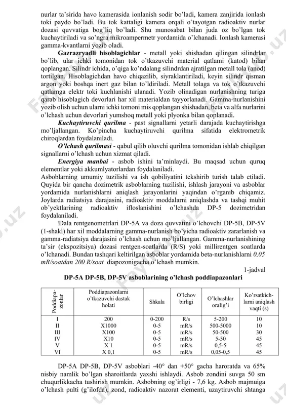 fsha nurlari bilan qizdirilganda yoki yoritilganda laboratoriya sharoitida o’lchash mumkin bo’lgan energiyani beradi (termolyuminessent va oynali dozimetrlar). ionlash usuli - mohiyati yadroviy nurlanishlar ta’sirida ma’lum hajmdagi havo yoki gazning ionlanishidan iborat. bunda elektr neytral atomlardan musbat va manfiy zaryadlangan ionlar hosil bo’ladi. agar mana shu xajmga 2 ta elektrod kiritilib, ularga o’zgarmas kuchlanishli elektr toki ulansa, elektrodlar orasida elektr maydoni paydo bo’ladi, bunda zaryadlangan zarrachalarning yo’nalgan harakati yuzaga keladi: manfiy zaryadlangan ionlar anodga, musbat zaryadlanganlari katodga tortiladi, natijada elektrodlar o’rtasidagi potensiallar ayirmasi kamayib boradi. shunday qilib, ionizatsiya toki deb ataluvchi tok hosil bo’ladi. uning kattaligini o’lchab, radioaktiv nurlanishlarning intensivligi to’g’risida tasavvur hosil qilinadi. keltirilgan usullarga asoslanib nazorat asboblari orqali nurlanishlarni aniqlash mumkin. indikatorlar - eng sodda radiatsiyaviy razvedka asbobi bo’lib, ular yordamida nurlanish borligini aniqlash hamda asosan doza quvvatiga taxminiy baho berish vazifasi hal qilinadi. (dp-63, dp-63a, dp-64). rentgenometrlar - rentgen yoki gamma nurlanish dozasi quvvatini o’lchashga mo’ljallangan (dp3, dp-5a,b,v …