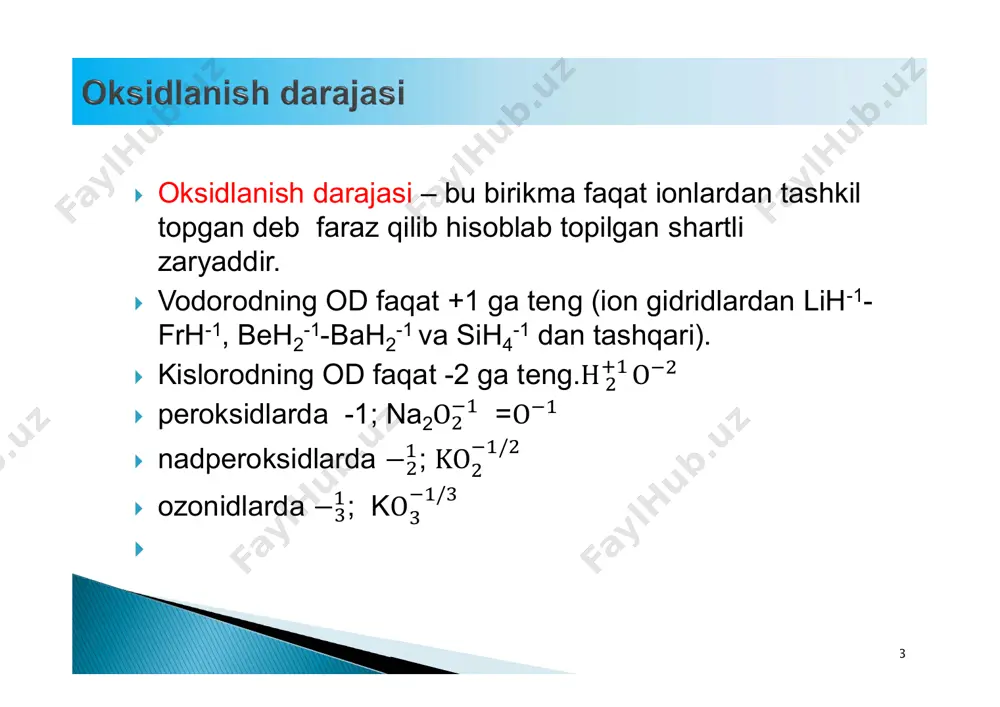 o‘zining eng quyi oksidlanish darajasida bo‘lsa, u faqat qaytaruvchi bo‘ladi.  masalan: h2s-2; nh3 -3; hг-1; metallar  agar element biror birikmasida o‘zining eng yuqori oksidlanish darajasida bo‘lsa, u faqat oksidlovchi bo‘ladi.  masalan: f2, cl2, o3, o2; kmn+7o4; k2cr2 +6o7; k2cr+6o4; h2s+6o4; hn+5o3; pbo2  agar element biror birikmasida o‘zining oraliq oksidlanish darajasi da bo‘lsa, u ham oksidlovchi ham qaytaruvchi bo‘ladi. 18 19  elektrolit suyuqlanmalari yoki eritmalari orqali elektr toki o‘tganda elektrodlarda sodir bo‘ladigan oksidlanish – qaytarilish reaksiyasi elektroliz deyiladi. 20 katodda faqat h2↑ me+h2↑ h2↑ faqat me li+ - cs+, ca2+-ba2+, mg2+, al3+,nh4 + mn2+-pb2+ (k - ta) cu2+-au3+ anodda kislorodli kislotalar + f-, oh- kislorodsiz kislotalar o2↑ metallmas  elektroliz davomida elektrodlarda ajralib chiqqan moddalar massasi elektrolitdan o‘tgan elektr toki miqdoriga to‘g‘ri proporsional bo‘ladi.  m=k∙q = k ∙ i ∙ t 21 22 [cr(n2h4co)6]4[cr(cn)6] + kmno4 + hno3 = k2cr2o7 + co2 + kno3 + …