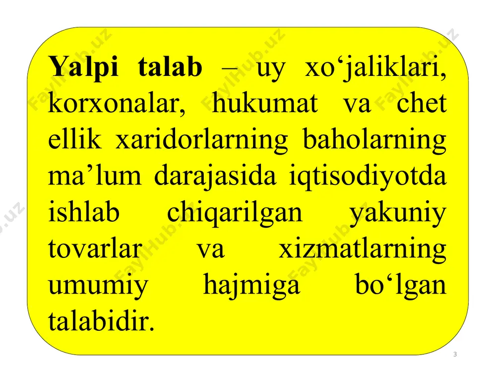 adi. * * import xaridlar samarasi import xaridlar samarasini quyidagicha ifodalash mumkin: p↑ → x↓ (m↑) → xn↓ → ad↓ p↑ - ichki narxlarni oshishi; х↓ - eskportni kamayishi; m↑ - importni ko‘payishi; xn↓ - sof eksportni kamayishi; ad↓ - yalpi talabni kamayishi. umumiy talabning bahoga bog‘liq bo‘lmagan omillari ta’sirida ad egri chizig‘i o‘ngga yoki chapga siljiydi. natijada ma’lum baho darajasiga mos keluvchi talab qilinayotgan milliy mahsulot xajmi o‘zgaradi. * 2,a-chizma. umumiy talab egri 2,b-chizma. umumiy taklif egri chizig’idagi siljishlar chizig‘idagi siljishlar yalpi talabning bahoga bog’liq bo‘lmagan omillariga quyidagilarni kiritamiz: 1. iste’mol xarajatlaridagi o‘zgarishlar: a) iste’molchilarning real moddiy aktivlari miqdorining o‘zgarishi; b) iste’molchilar kutishi; с) iste’molchilarning qarzlari miqdorining o‘zgarishi; d) iste’molchilar daromadlaridan olinadigan soliqlar miqdorining o‘zgarishi. 2. investitsiya xarajatlaridagi o‘zgarishlar: a) foiz stavkasidagi o‘zgarishlar; b) investitsiyalardan kutilayotgan foyda normasining o‘zgarishi; c) korxonalardan olinadigan soliqlar miqdorining o‘zgarishi; d) yangi texnologiyalarning ishlab chiqarishga jalb qilinishi; e)zahiradagi quvvatlar o‘zgarishi. 3. davlat xarajatlarining o‘zgarishi. …