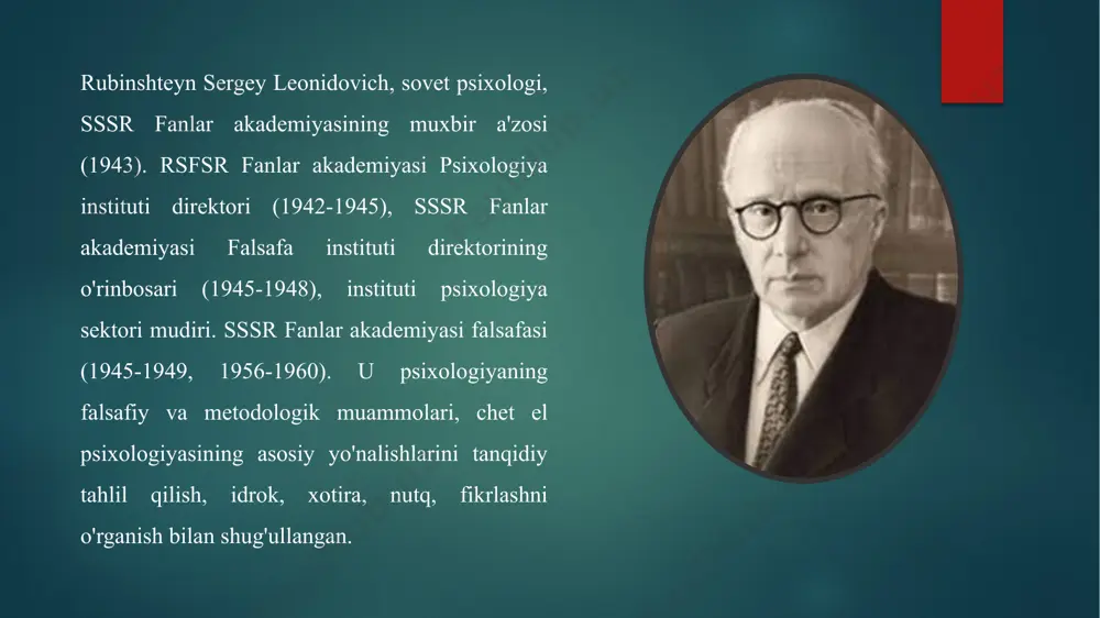 orqali harakat qiladi" - u inson va uning ruhiyatining falsafiy -psixologik kontseptsiyasini ishlab chiqdi va shu nuqtai nazardan - toifalar tizimi: mavjud bo'lish. va materiya, ijtimoiy va tabiiy, sub'ekt va ob'ekt, faoliyat va tafakkur, erkinlik va zarurat, sub'ektiv va ob'ektiv, moddiy va ideal, aqliy va fiziologik, ongli va ongsiz. xususan, u ob'ekt va materiyaga bo'lishni kamaytirishning noqonuniyligini ko'rsatdi, birlamchi va ikkilamchi fazilatlar muammosining o'ziga xos echimini topdi, psixofiziologik muammoni hal qilish tamoyilini ishlab chiqdi, dastlabki falsafiy asarlarni chuqur tahlil qildi. k. marks("1844 yildagi iqtisodiy va falsafiy qo'lyozmalar"). rubinshteyn falsafiy antropologiyaning o'ziga xos kontseptsiyasini ishlab chiqdi (inson va dunyo. m., 1997). u tafakkurning faoliyat va jarayon sifatida falsafiy va psixologik nazariyalarini, nutq, his -tuyg'ular nazariyalarini va boshqalarni yaratdi. ob'ektivlashuv va sub'ektivlik dialektikasi, shaxsning boshqa odamlar bilan o'zaro aloqasi, faoliyatning eng yuqori turi. shaxsning ko'p qatlamli tabiati uning falsafiy antropologiyasining asosini tashkil etadi. rubinshteyn sergey leonidovich (6 (18) .06.1889, odessa - 11.01. …
