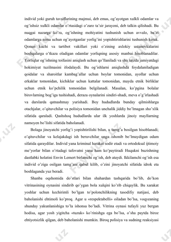 an hisoblanadi; o’qituvchilar va kelajakdagi ish beruvchilar unga ishonib bo’lmaydigan odam sifatida qaraydilar. individ yana kriminal harakat sodir etadi va ortodoksal ijtimoiy me’yorlar bilan o’rtadagi tafovutni yana ham ko’paytiradi huqukni buzishning dastlabki holatini envin lemert birlamchi og’ish, deb ataydi. ikkilamchi og’ish esa individ o’ziga osilgan tamg’ani qabul kilib, o’zini jinoyatchi sifatida idrok eta boshlaganda yuz beradi. shanba oqshomida do’stlari bilan shahardan tashqarida bo’lib, do’kon vitrinasining oynasini sindirib qo’ygan bola xulqini ko’rib chiqaylik. bu xarakat yoshlar uchun kechirimli bo’lgan to’polonchilikning tasodifiy natijasi, deb baholanishi ehtimoli ko’proq. agar u «respektabelli» oiladan bo’lsa, voqyeaning shunday yakunlanishiga to’la ishonsa bo’ladi. vitrina oynasi tufayli yuz bergan hodisa, agar yosh yigitcha «tuzuk» ko’rinishga ega bo’lsa, o’sha paytda biroz ehtiyotsizlik qilgan, deb baholanishi mumkin. biroq polisiya va sudning reaksiyasi keskinroq, aytaylik, shartli hukm chiqarish va vasiylik kengashiga yuborish to’g’risida bo’lsa, bu hodisa ikkilamchi og’ish jarayoniga qo’ygan birinchi kadam bo’lishi mumkin. «jinoyatchi bo’lishga o’rganish» jarayoni og’ayotgan xulqni tuzatish …