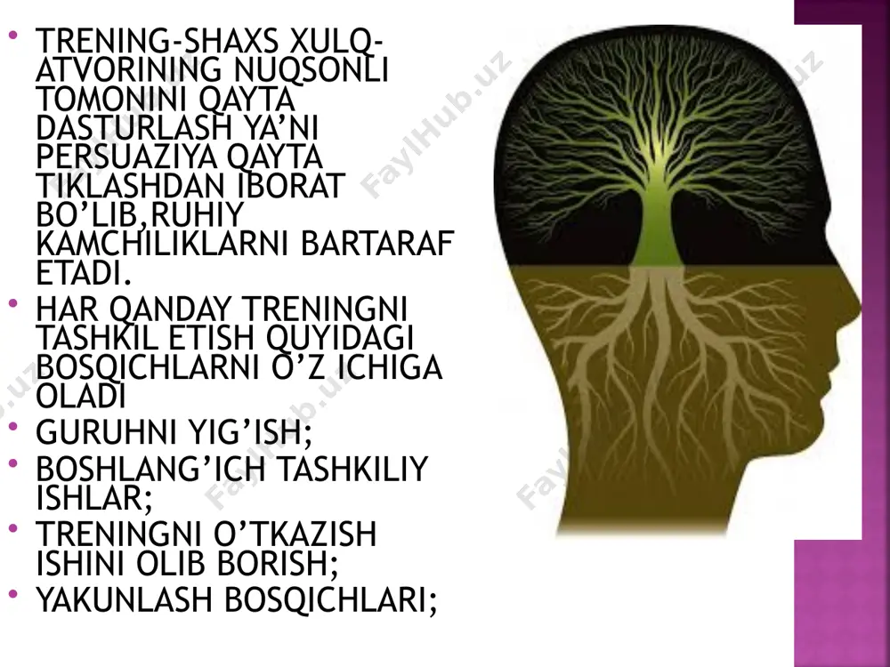 sial psixologik treningni samaradorligi ishtirokchilarning faol qatnashishiga bog’liq bo’lsa,ikkinchi tomondan trenerga bog’liq. bu borada trener yuksak psixologik bilim,ko’nikma va malakaga ega bo’lishi talab etiladi. sotsial psixologik trening vazifalari quyidagilar -trening ishtirokchilarini umumiy qonunlar asosida jipslashtirish. -guruhida trening o’tkazishning asosiy tashkiliy tartibini belgilab berish. -qabul qilingan qonunlar asosida guruhni boshqarish imkoniyatlarini bilish. -trening qonunlarining trening maqsad va vazifalariga yo’nalganligi. trening o’tkziladigan guruhda asosan- -trening ishtirokchilari iloji boricha bir-biriga notanish bo’lishi lozim; -trening o’tkaziladigan xona albatta izolyatsiyalangan bo’lishi shart,ya’ni hech kim ularni bezovta qilmasligi va ular ham boshqalarga halaqit bermasligi shart; -rasmiylashgan guruh bo’lishiga yo’l qo’ymaslik kerak; -auditoriyaning erkin bo’lishini ta’minlash va auditoriyani yaxshi bilish talab etiladi.