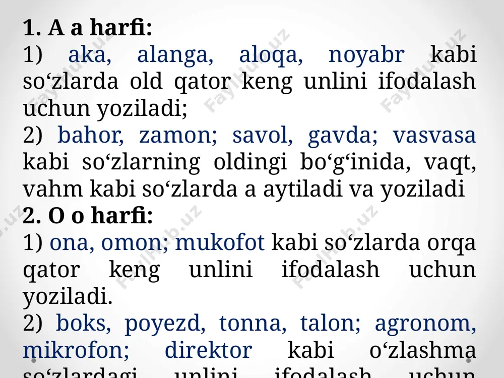 gress kabi o‘zlashma so‘zlar oxirida bir undosh aytilsa ham, ikki harf yoziladi. lekin bunday so‘zga xuddi shu tovush bilan boshlanadigan qism qo‘shilsa, so‘z oxiridagi bir harf yozilmaydi: metall + lar = metallar, kilogramm + mi = kilogrammi kabi. asos va qo‘shimchalar imlosi 33. qo‘shimcha qo‘shilishi bilan so‘z oxiridagi unli o‘zgaradi: 1) a unlisi bilan tugagan fe’llarga -v, -q, -qi qo‘shimchasi qo‘shilganda a unlisi o aytiladi va shunday yoziladi: sayla — saylov; so‘ra — so‘roq; o‘yna — o‘ynoqi kabi; 2) i unlisi bilan tugagan ko‘pchilik fe’llarga -v, -q qo‘shimchasi qo‘shilganda i unli u aytiladi va shunday yoziladi: o‘qi — o‘quvchi, qazi — qazuvchi kabi. lekin i unlisi bilan tugagan ayrim fe’llarga -q qo‘shimchasi qo‘shilsa bu unli i aytiladi va yoziladi: og‘ri — og‘riq kabi. eslatma: 1) undosh bilan tugagan barcha fe’llarga -uv qo‘shiladi: ol — oluv, yoz — yozuv kabi; 2) undosh bilan tugab, tarkibida u unlisi bor fe’lga -uq qo‘shiladi: …