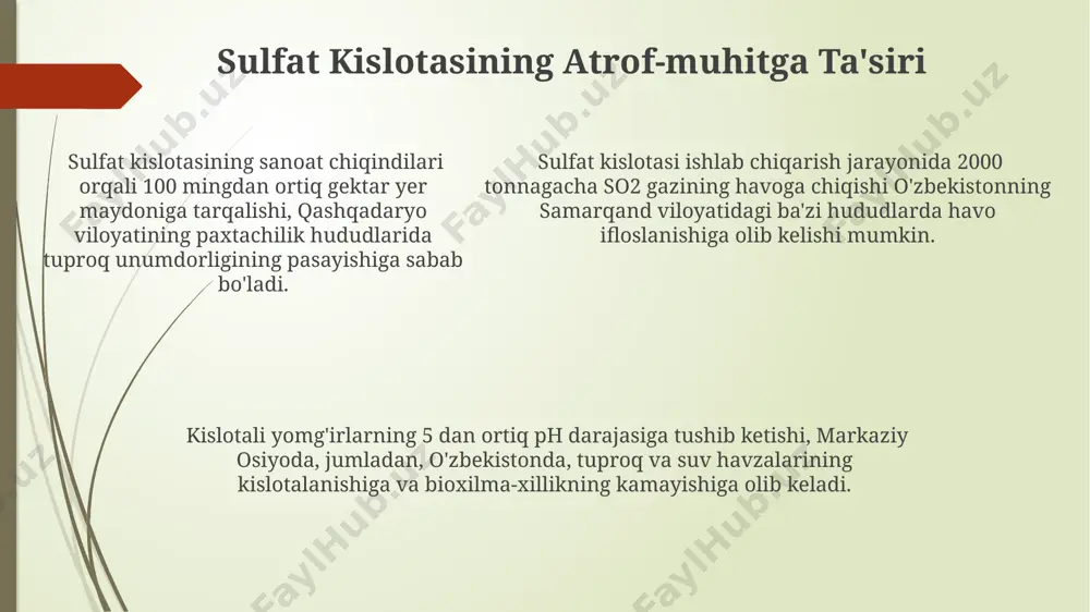 aroratlarda kislorod bilan reaksiyaga kirishib, oltingugurt dioksidini hosil qiladi, bu jarayon ko'plab sanoat mamlakatlarida, jumladan, janubiy koreyada keng qo'llaniladi. oltingugurtning allotroplari oltingugurtning s8 siklik molekulalari, 90-100°c haroratda suyuq holatda boʻlib, yuqori viskozitega ega va 119°c da eriydi. bu xususiyatlari oltingugurtning oʻziga xos allotropik modifikatsiyasini aks ettiradi. oltingugurtning rombik va monoklinik allotroplari orasidagi oʻtish temperaturasi 95,5°c atrofida kuzatiladi va bu oʻtish jarayoni temperaturaga bogʻliq ravishda qaytarilish xususiyatiga ega. oltingugurtning amorf allotropi, masalan, plastik oltingugurt, tez sovitilgan suyuq oltingugurtni qattiqlashishi natijasida hosil boʻladi va vaqt oʻtishi bilan rombik shaklga oʻtadi. sulfat kislotasining qishloq xo'jaligidagi qo'llanilishi sulfat kislotasining 10% li eritmasi o'zbekistonning qishloq xo'jaligida 500 000 gektar paxta dalalarida o'g'it sifatida qo'llaniladi, bu hosildorlikni 15-20% ga oshirishga yordam beradi. qashqadaryo viloyatining bir qator dehqon xo'jaliklarida 0,5% li sulfat kislota eritmasi 2000 dan ortiq bug'doy dalasini zararkunandalarga qarshi himoya qilishda ishlatilgan. qashqadaryo viloyatining bir qator dehqon xo'jaliklarida 0,5% li sulfat kislota eritmasi 2000 dan …