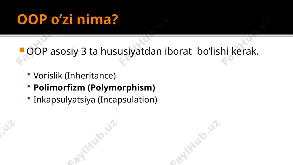 ile-time polymorphism) parametric polymorphism (compile-time polymorphism) ad-hoc polymorphism (overloading) ad-hoc polymorphism (overloading) coercion polymorphism (casting) polimorfizm (polymorphism) bitta interfeys, bir nechta metod. yani metodlarni overloadi. bu degani bitta metod har hil tofadagi tiplarni qabul qilib natijasini chiqarib beradi. misol uchun sum funksiyasi faqat int,int yoki float,float yoki float,int va hk qabul qilib natijani chiqarib beradi class animal { public: void talk() { cout<<"salom"; } } class dog:public animal { public: void talk() { cout<<"wowwow“; } } class cat:public animal { public: void talk() { cout<<"meow“; } } class odam:public animal { } void main() { cat e; dog d; odam o; e.talk(); d.talk(); o.talk(); } } natija: meow wowwow salom polymorphism image2.png image3.png image4.png image5.png image6.png image7.png image8.png image9.png image10.png /docprops/thumbnail.jpeg
