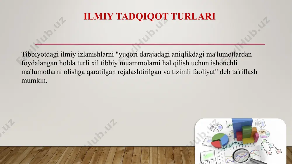 larichida jonli) kuzatuv tadqiqotlari davomida tadqiqotchi hech qanday tarzda hodisalarning borishiga aralashmaydi va ishtirokchilarga yoki o'rganilayotgan omillarga ta'sir qilmaydi. bundan tashqari, bunday tadqiqotlar natijalari fundamental tadqiqotlardan farqli o'laroq, haqiqiy klinik amaliyot shartlariga yaqinroqdir. kuzatuv tadqiqotlari tavsifiy yoki analitik bo'lishi mumkin. ta'riflovchi tadqiqotlar - bu alohida klinik holatlar yoki kogortalarning kuzatuvlari, analitik tadqiqotlar esa omil va natija o'rtasidagi bog'liqlikni o'rganishdir. amaliy ilmiy tadqiqotlar amaliy ilmiy tadqiqotlaramaliy tadqiqotlar mavjud va aniq muammolarga yechim topishga qaratilgan. ushbu turdagi tadqiqot tadqiqot sohasida qo'shimcha ma'lumotlarni to'plash uchun tajribalar kabi empirik metodologiyalardan foydalanadi. ular fundamental o'tkazishdan olingan bilimlarga asoslanadi tadqiqot. amaliy tadqiqotlar qidiruv, tadqiqot va ishlanmalarga bo'linadi. asosiy tadqiqotlar muammoni hal qilishdan ko'ra bilimlarni rivojlantirishga qaratilgan. ushbu turdagi tadqiqot bilimlarni rivojlantirish va bashorat yoki nazariyalarni yaratishga qaratilgan. asosiy tadqiqot umumiyroq usuldir, chunki u tushunchalarning keng doirasiga taalluqlidir. amaliy tadqiqotlar o'z sa'y-harakatlarini muayyan muammoning echimini topishga qaratadi. vayangi ma'lumotlarni kashf qilish va muayyan muammoni hal qilishga e'tibor …