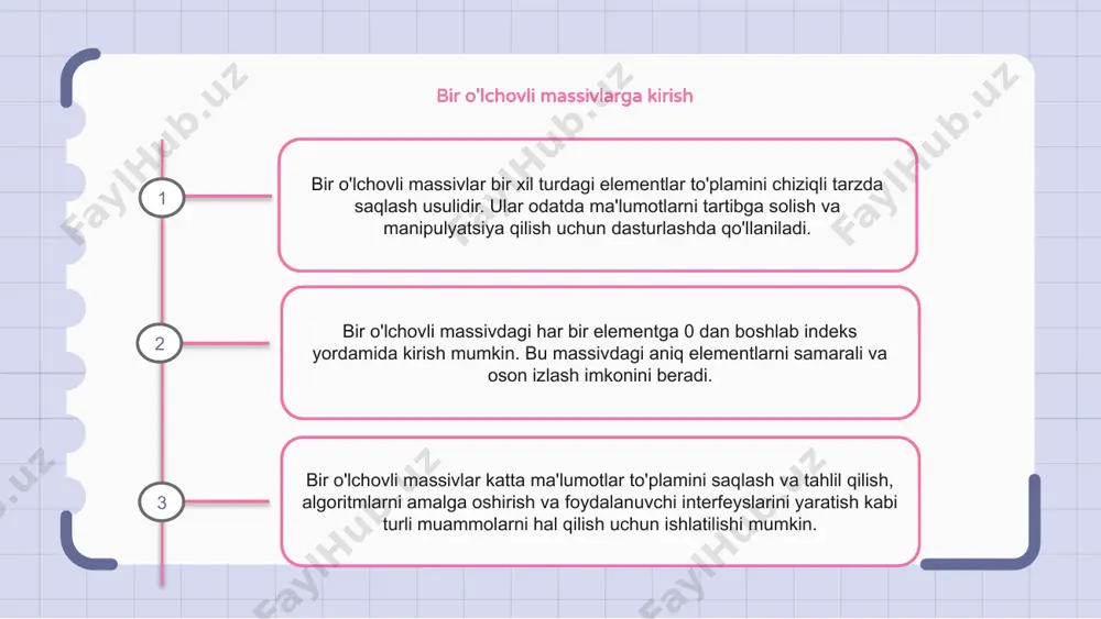 lganda foydali bo'lishi mumkin. bir o'lchovli massivning elementlarini o'zgartirish bir o'lchovli massivlarda elementlarni massivning o'ziga xos indeks pozitsiyasiga kirish orqali o'zgartirish mumkin. indeksdagi qiymat tayinlash operatori yordamida yangi qiymatga o'zgartirilishi mumkin. misol uchun, agar bizda "raqamlar" deb nomlangan massiv bo'lsa va biz 2-indeksdagi elementni o'zgartirmoqchi bo'lsak, biz buni ushbu indeksga yangi qiymat belgilash orqali amalga oshirishimiz mumkin: raqamlar [2] = 10 bu "raqamlar" massivining 2 indeksidagi qiymatni 10 ga o'zgartiradi, qolgan elementlarni o'zgarmagan holda saqlaydi. bir o'lchovli massivlarda massivlarni indekslash bir o'lchovli massivlar bir xil turdagi elementlarni saqlaydigan ma'lumotlar strukturasining bir turi. ularga 0 dan boshlanadigan massiv indekslash yordamida kirish mumkin. massivlarni indekslash - bir o'lchovli massivdagi elementlarga kirish va ularni o'zgartirish usuli. bu kvadrat qavslar ichida element indeksini ko'rsatishni o'z ichiga oladi. bir o'lchovli massivlarda indeks 0 dan (n-1) gacha bo'ladi, bu erda n - massivdagi elementlar soni. bu ma'lumotlarni samarali va qulay manipulyatsiya qilish imkonini beradi. bir o'lchovli …