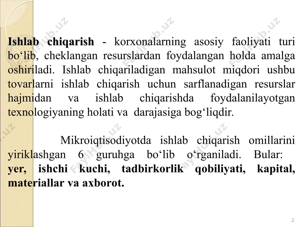 hiqariladigan mahsulot miqdori o‘rtasidagi bog‘liqlikni ishlab chiqarish funksiyasi orqali ifodalash mumkin. agar omillar majmuasi sarfi kapital, mehnat va materiallardan iborat bo‘lsa, ishlab chiqarish funksiyasi quyidagi ko‘rinishda ifodalanadi: * bu yerda q- berilgan texnologiyada maksimal ishlab chiqariladigan mahsulot miqdori; k - kapital; l - mehnat; m - materiallar. * agar ishlab chiqarish funksiyasi ikkita, k (kapital) va l (mehnat) omillariga bog‘liq bo‘lsa, ishlab chiqarish funksiyasi quyidagicha yoziladi: * kapital sarfi mehnat sarfi, (soatlarda) 1 2 3 4 5 1 30 50 60 70 80 2 40 65 80 85 100 3 60 80 100 110 115 4 65 85 110 115 120 5 80 100 120 125 130 * ishlab chiqarish omillari sarfi o‘zgarishiga ko‘ra ishlab chiqarish grafigi kapital sarfi 5 4 3 2 1 3 2 5 4 1 m c n d a t e f b mehnat sarfi q3=100 q2=80 q1=60 * izokvanta - bu bir xil hajmdagi …