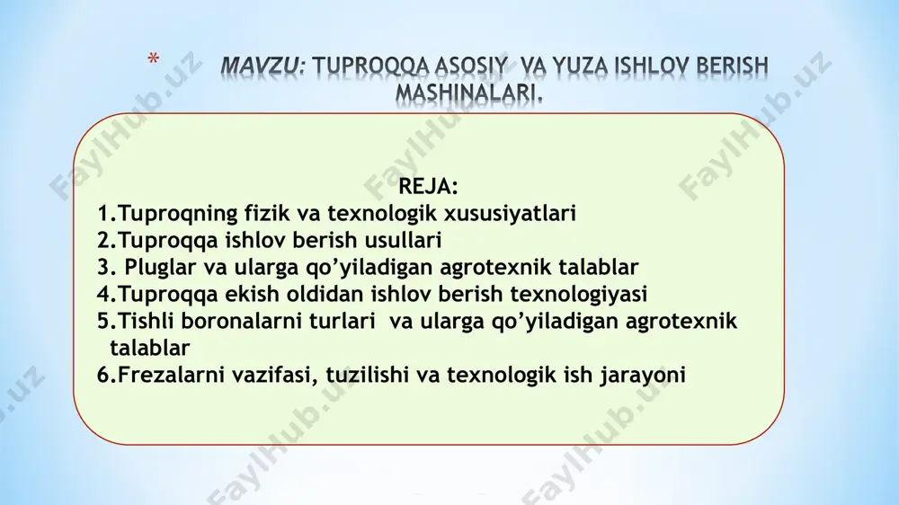 iga kuchli ta’sir etadi. u tuproqning tarkibi, zichligi va namligi hamda plugning xossalariga (korpus sirtining geometrik shakli va o’lchamlari, massasi, lemex o’tkirligi, tirak taxta va g’ildiraklarning holati, traktorga ulanish tartibi, ish tezligi va b.) bog’liqdir. tuproqning yopishqoqligi ham katta axamiyatga egadir, chunki yopishqoq tuproq korpusi, kultivator tishi, seyalka ekkichlariga yopishib qolib harakat vaqtida ishchi qism ustidan tuproq qatlamining sirpanib o’tishida qarshilikni oshirib yuboradi. yopishqoq tuproq mashina g’ildiraklari ishini ham qiyinlashtiradi. tuproqning yopishqoqlik xususiyati, asosan uning tarkibiga hamda namlgiga bog’liqdir. tuproqqa asosiy ishlov berish usullari tuproq atlamini ag’darib haydash tuproq qatlamini ag’darmasdan haydash mamlakatimizda tuproqqa asosiy ishlov berishning ag’darib ishlash usuli keng tarqalgan bo’-lib, bu tadbir asosan kuzgi shudgor ko’rinishida chimqirqarli va ikki yarusli pluglar bilan 35-40 sm chuqurlikda amalga oshiriladi. shamol va suv eroziyasiga uchraydigan maydonlarda tuproqni ag’darmasdan ishlash usuli qo’llaniladi. bunda ag’dargichi bo’lmagan maxsus pluglar va yassi chuqur yumshatgichlardan foydalaniladi. tuproqni haydash ishlariga qo’yiladigan asosiy agrotexnik talablar 1.haydash chuqurligining …