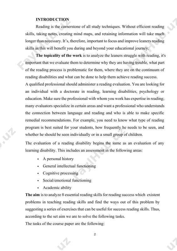 ls for reading success which existent problems in teaching reading skills and find the ways out of this problem by suggesting a series of exercises that can be useful for success reading skills. thus, according to the set aim we are to solve the following tasks. the tasks of the course paper are the following: · to describe the reading comprehension and reading skill ; · to describe reading skills and its benefits; · - to determine the aim and nature of reading skills and purpose of reading a text for promoting reading skills; · -to indicate the effect of 8 essential reading skills for reading success the scientific novelty: this course work explains what skills are needed for reading success. it high- lights the simple view of reading and its core components, word recognition and language comprehension, and how it may be used as a guiding framework across different …