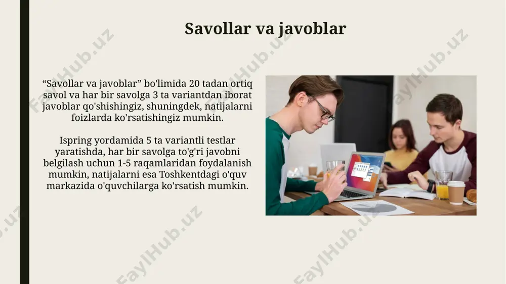 n ortiq talabaning javoblari samarqanddagi universitetda o'tkazilgan sinovdan keyin statistik tahlil qilinadi va to'g'ri javoblar foizi aniqlanadi. rasmlar va videolarni qo'shish ispring yordamida siz 20tadan ortiq rasm va video fayllarni, masalan, qozog'istondan olingan tabiat manzaralari va muhim tarixiy voqealar haqidagi videolarni testlaringizga birlashtira olasiz. ispringda testlarga 10 mb gacha bo'lgan rasmlarni, masalan, toshkentdagi binolarning suratlarini, osongina qo'shishingiz va ularga 5 ta javob varianti bilan bog'lashingiz mumkin. test natijalarini baholash test natijalari 5 ta toifaga boʻlinadi va har bir toifa uchun 20 balldan ajratiladi. natijalarni tahlil qilish uchun grafiklar va jadvallar, shu jumladan foiz koʻrsatkichlari ishlatiladi. ispring yordamida yaratilgan test natijalarini avtomatik ravishda baholash imkoniyati mavjud boʻlib, 100 balldan 85 ball toʻplagan talaba toshkent shahridagi oliygohlardan biriga imtihonsiz kirishi mumkin. ispringning boshqa imkoniyatlari savollarni turli formatlarda (bir nechta javob, toʻldirish, tortish va boshqalar) yaratish, natijalarni tahlil qilish va 1000 dan ortiq oʻquvchi uchun natijalarni samarqanddagi serverda saqlash imkoniyati mavjud. ispring platformasi …