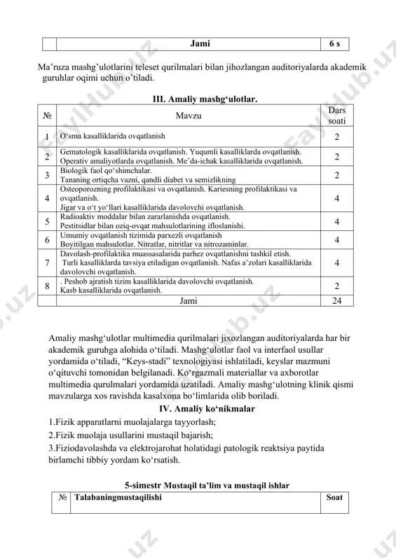 alga oshiriladi: –berilgan mavzu bo‘yicha axborot (referat) tayyorlash; – dietologiya modulining bo‘limlari yoki mavzulari ustida maxsus yoki ilmiy adabiyotlar (monografiyalar, maqolalar) bo‘yicha ishlash va ma’ruzalar qilish; – ilmiy maqola, anjumanga ma’ruza tezislarini tayyorlash; – vaziyatli va klinik muammollarga yo‘naltirilgan vaziyatli masalalar yechish; – keys (real klinik vaziyatlar va klinik vaziyatli masalalar asosida sasestudy) yechish; – grafik organayzerlar ishlab chiqish va to‘ldirish; – krossvordlar tuzish va yechish; – prezentatsiya va videoroliklar tayyorlash hamda mustakil ish jarayonida keng qo‘llash va h.k. mustaqil ta’lim va mustaqil ishlarni tashkil etish bo‘yicha umumiy ko‘rsatma va tavsiyalar: dietologiya moduli bo‘yicha mustaqil ish auditoriya va auditoriyadan tashqari o‘tkaziladi. talaba mustaqil ishni tashkil etishda quyidagi shakllardan foydalaniladi: - auditoriya mashg‘ulotlaridan tashqari trenajyor, mulyaj va simulyatsion 8 zallarda/markazlarda tasdiqlangan amaliy ko‘nikmalarni pedagog nazoratida son va sifat jixatdan bajarish va amaliy ko‘nikmalarni o‘zlashtirish daftarlarida aks ettirish; - aholi orasida sanitar oqartuv ishlarini suxbat va ma’ruzalarni o‘tkazish; - ayrim nazariy mavzularni …